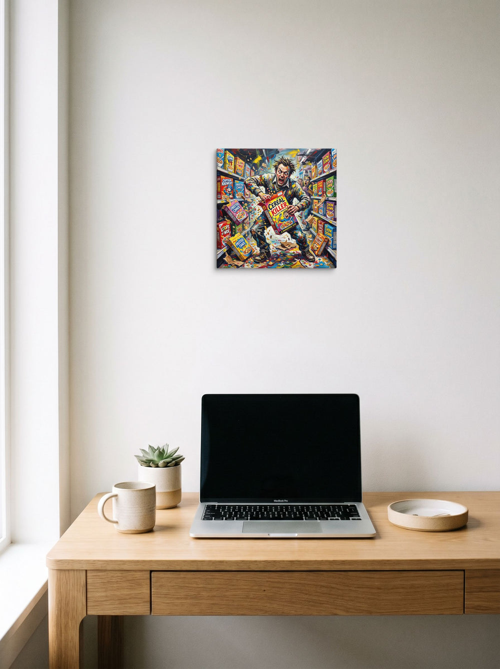 'Cereal Killer' styled above a home-office workspace. A 12x12 inch canvas Expressionism print.