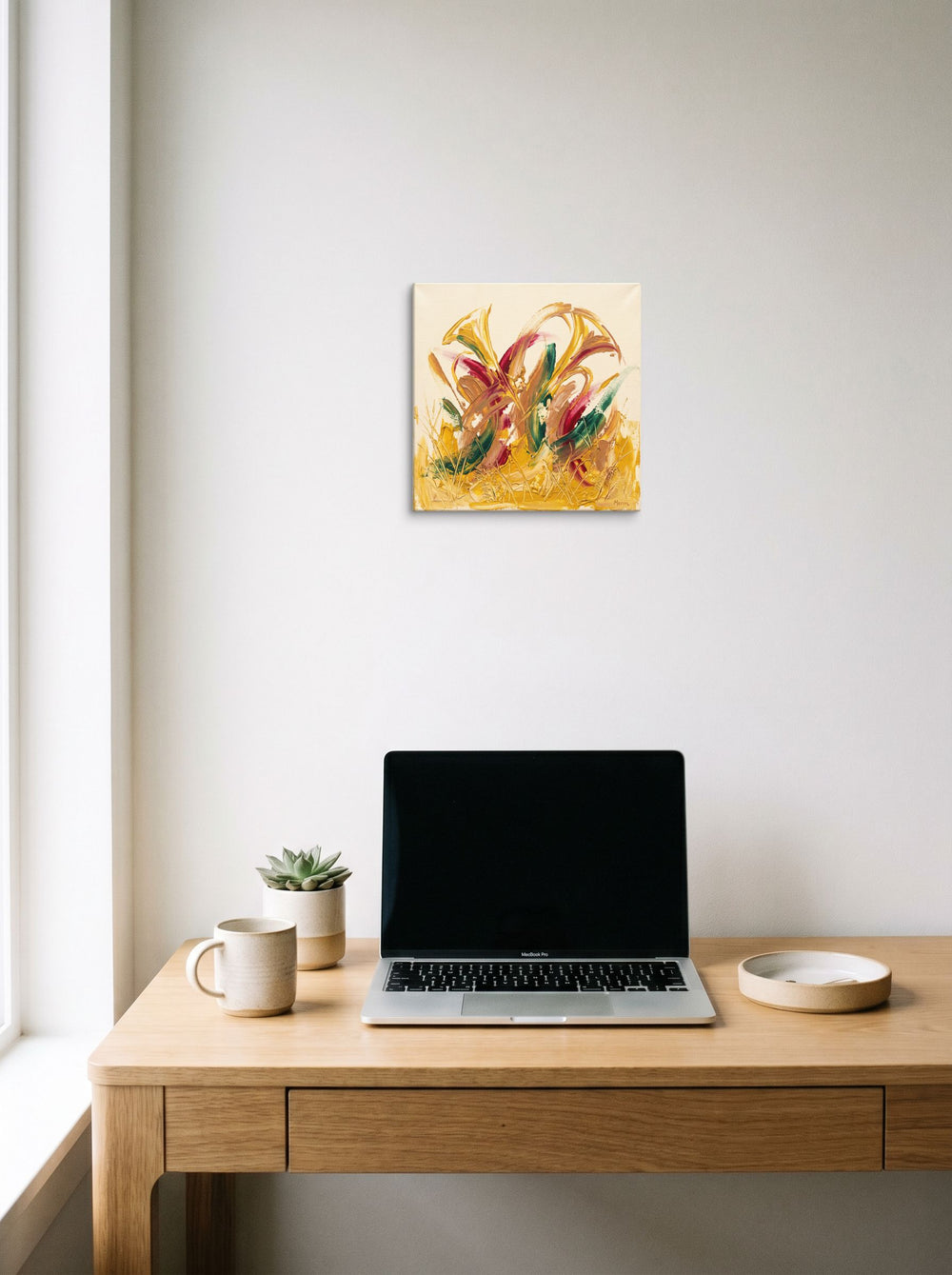 'Wild Flora in High Relief' in 12x12 inch canvas, styled above a home-office workspace.