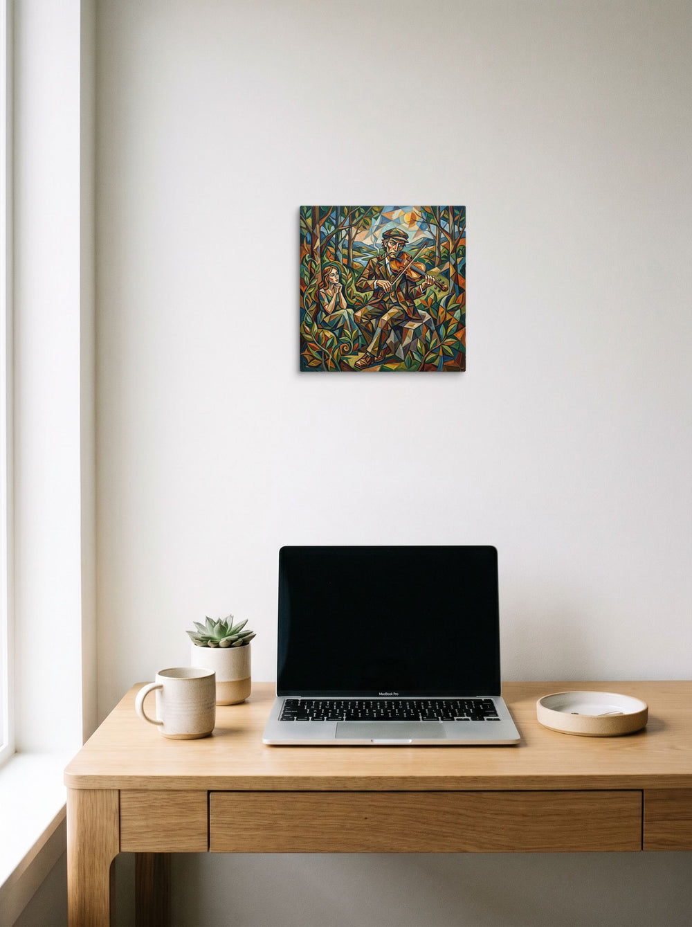 The Cubism print 'Orpheus and Eurydice', 12x12 inch canvas, displayed over a compact desk setup.