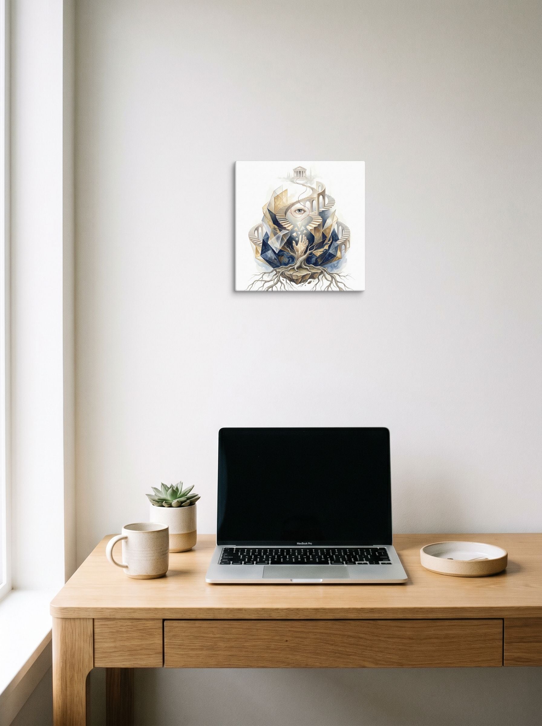 A 12x12 inch canvas Surrealism print of 'Ascent to the Mind's Temple' hanging above a worktable with a laptop.