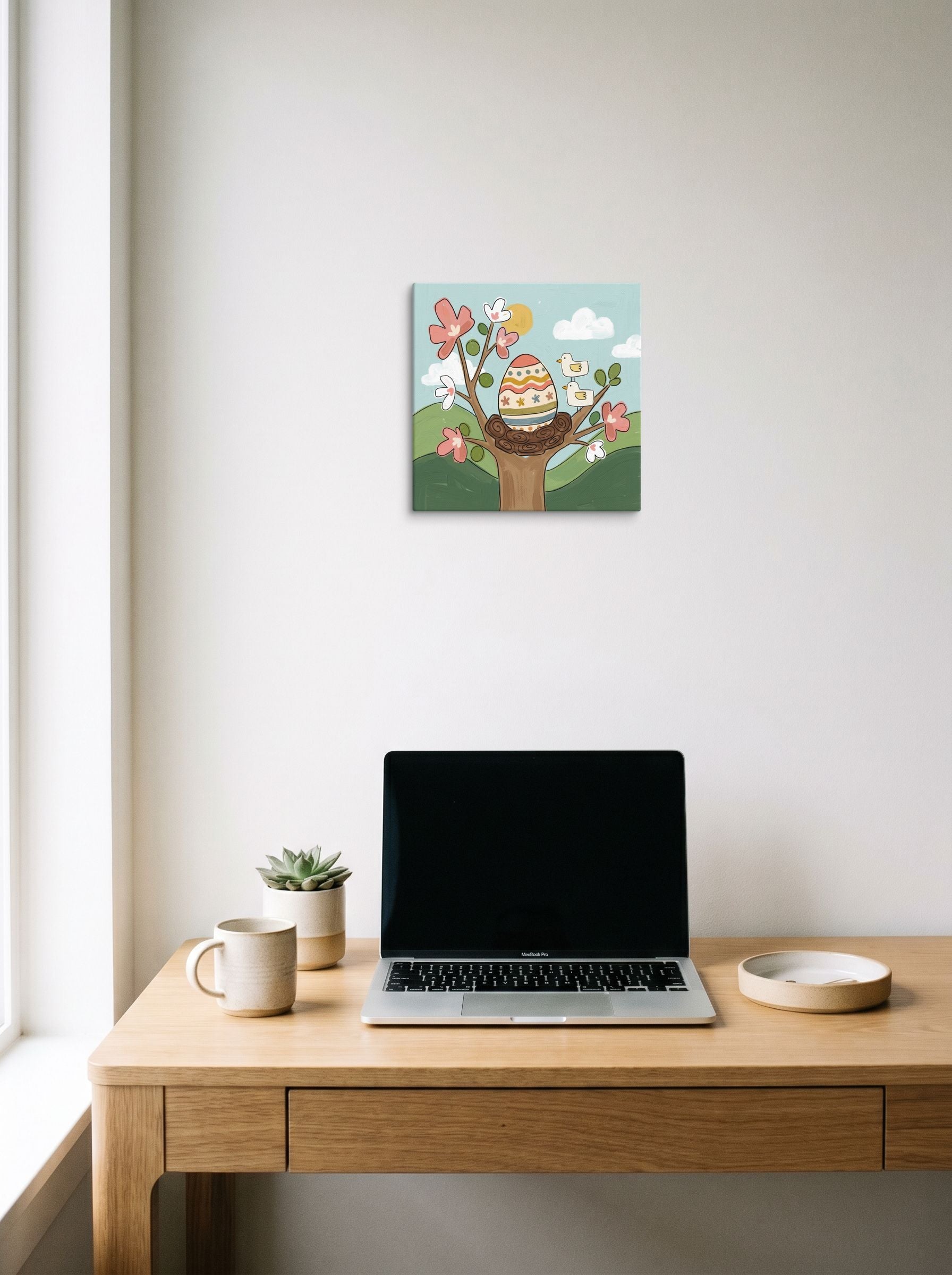 A 12x12 inch canvas Naive art print of 'Springtime Nest' hanging above a worktable with a laptop.