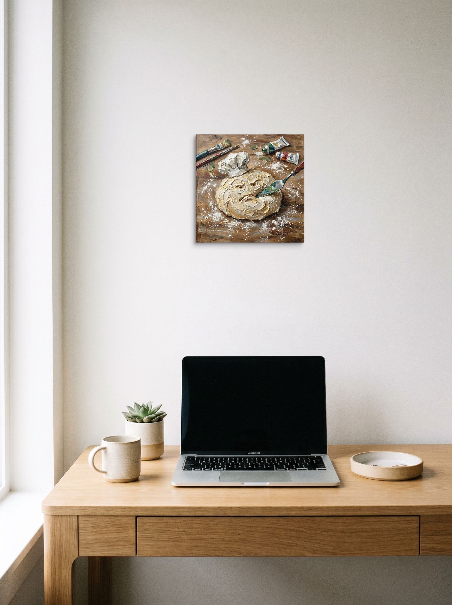 A 12x12 inch canvas Expressionism print of 'The Disgruntled Dough' hanging above a worktable with a laptop.