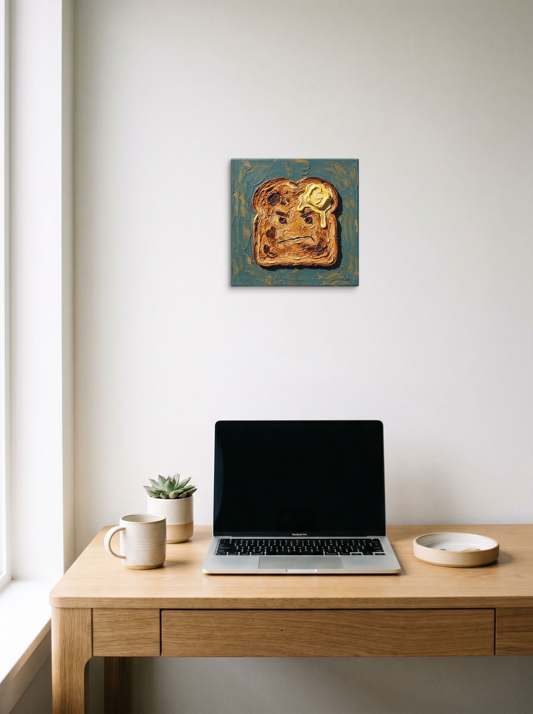 A 12x12 inch canvas Pop art,Lowbrow print of 'Morning Grudge' hanging above a worktable with a laptop.
