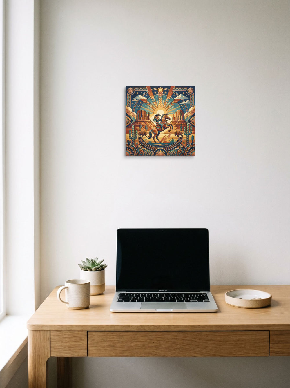 A 12x12 inch canvas Art Deco,Geometric abstract art print of 'The Deco Cowboy' hanging above a worktable with a laptop.