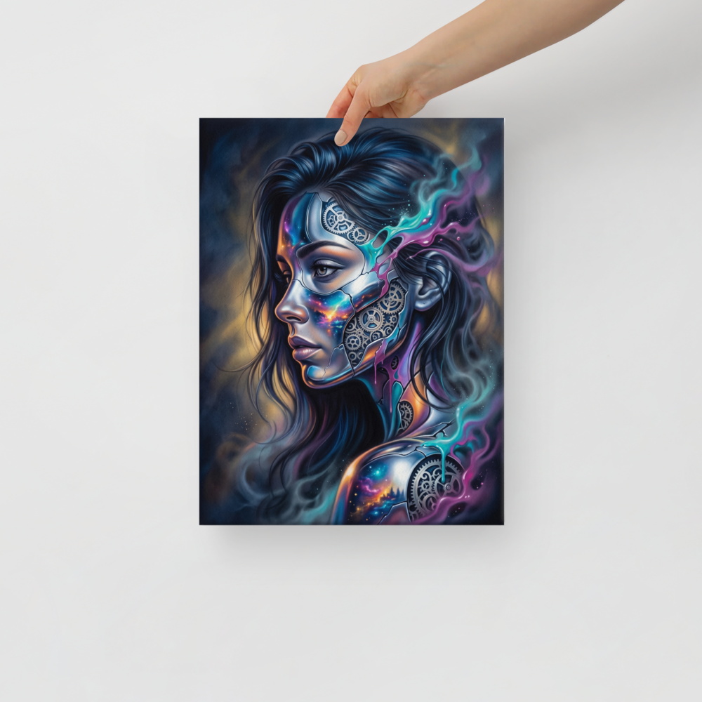 'Cosmic Clockwork' — a Surrealism print. A surreal cyberpunk portrait of a woman with gears and galaxies inside her face for a game room, framed by glowing teal and pink smoke.