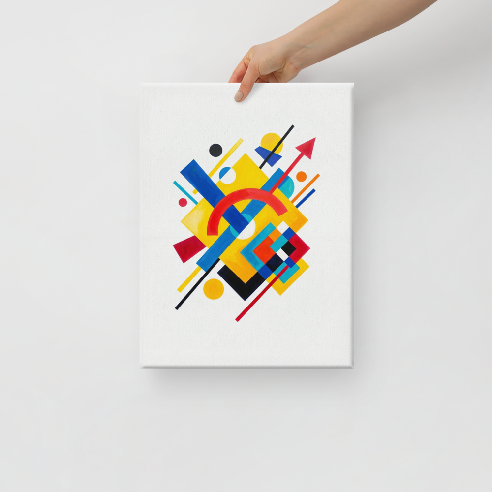 'Directional Energy' — a Suprematism print. A vivid abstract painting featuring overlapping geometric shapes like rectangles, circles, and an arrow in primary colors, a bold addition to a Living Room.
