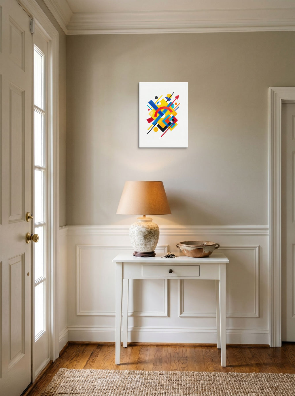 A 12x16 inch canvas Suprematism print of 'Directional Energy' hanging in an entryway near a console.