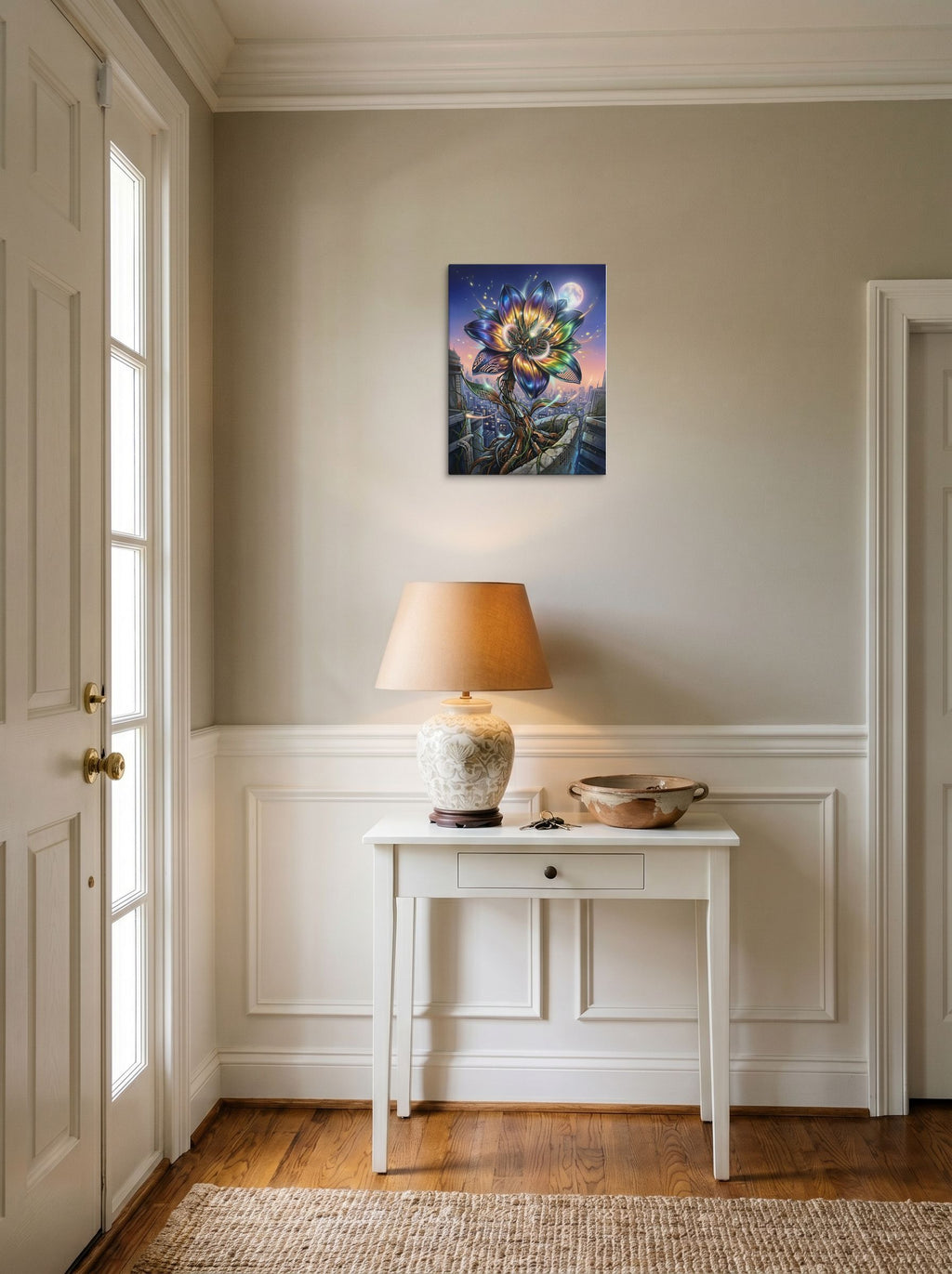 A 12x16 inch canvas Digital art print of 'Cybernetic Bloom' hanging in an entryway near a console.
