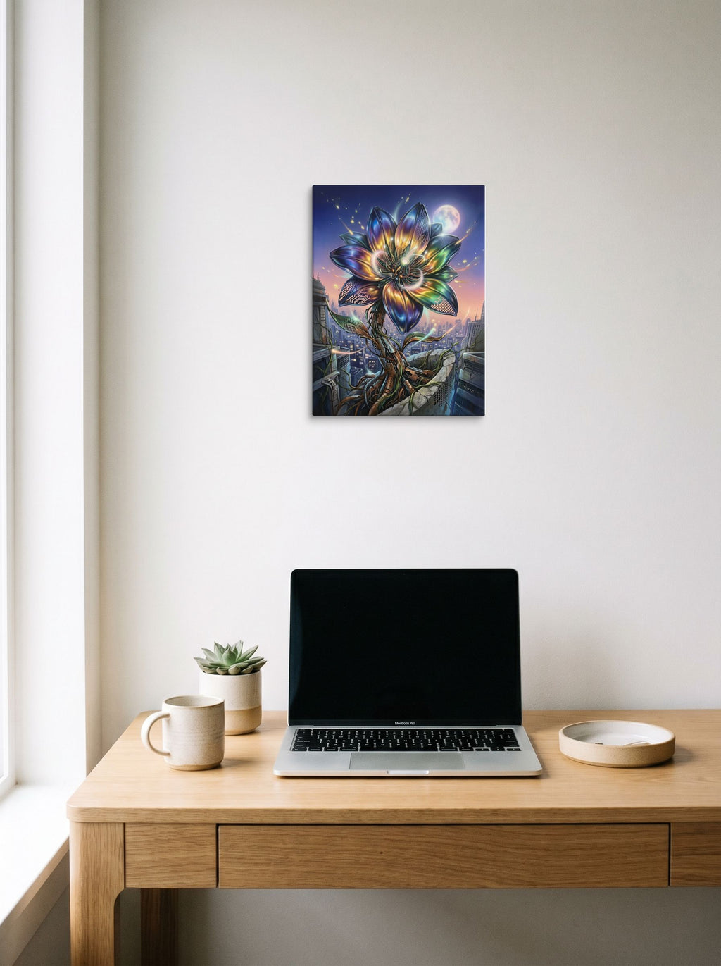 A 12x16 inch canvas Digital art print of 'Cybernetic Bloom' hanging above a worktable with a laptop.