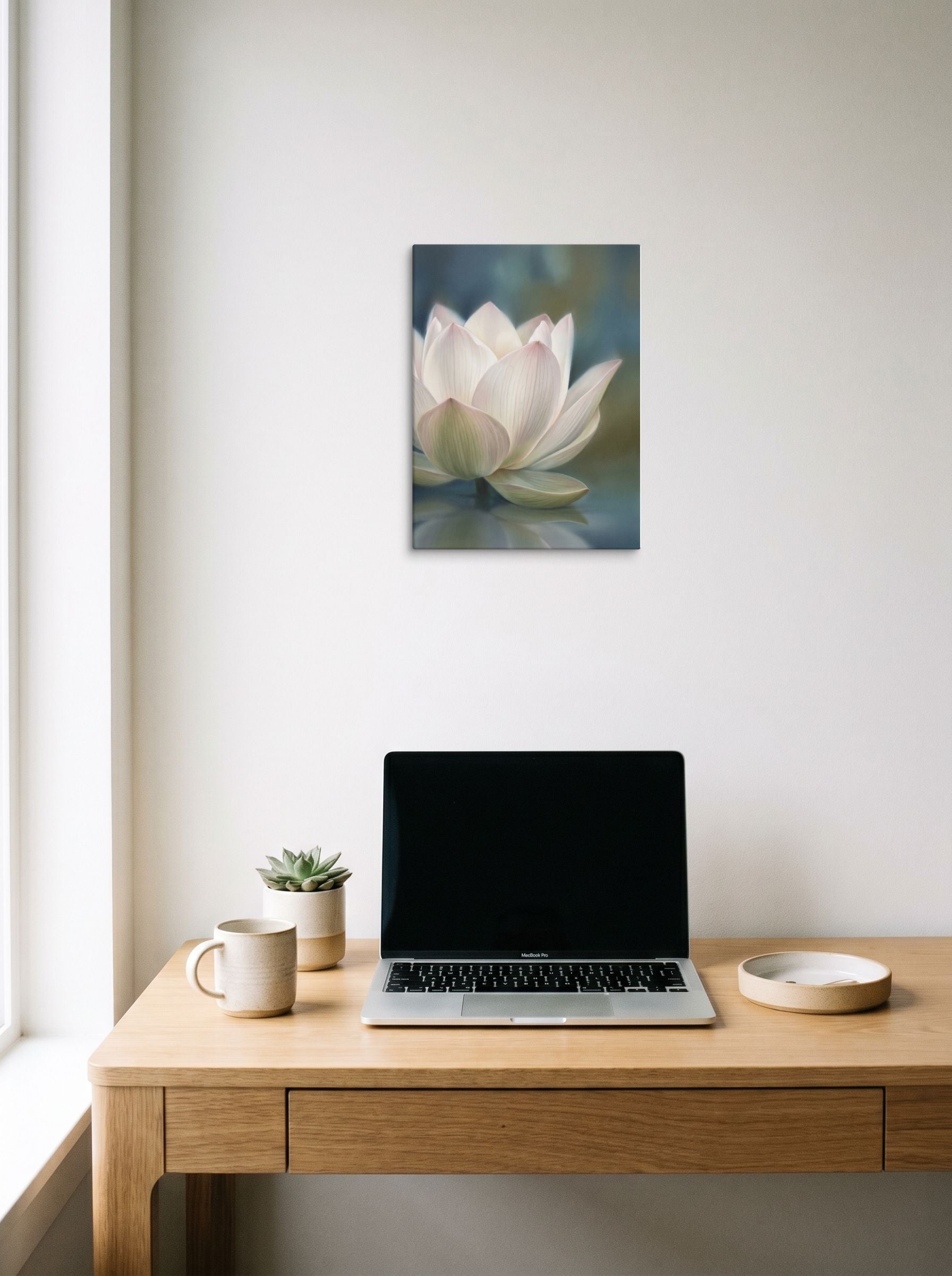 A 12x16 inch canvas Realism print of 'Serene Lotus Reflection' hanging above a worktable with a laptop.