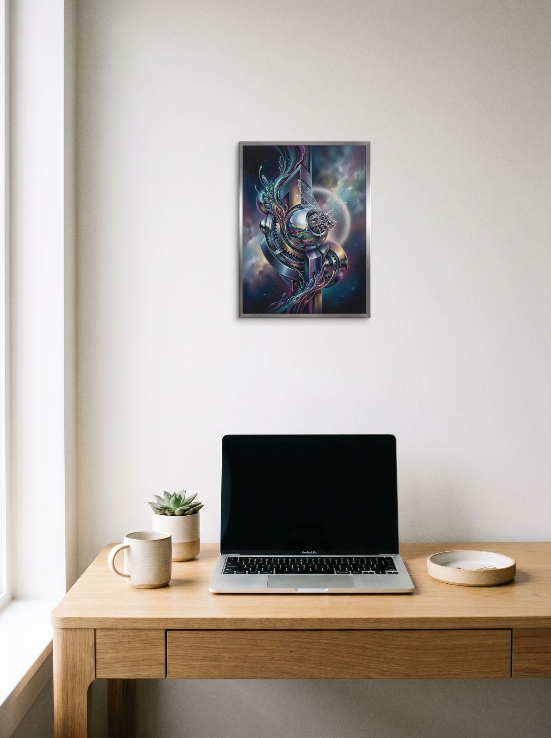 A 12x16 inch canvas Surrealism print of 'The Clockwork Aviator' hanging above a worktable with a laptop.