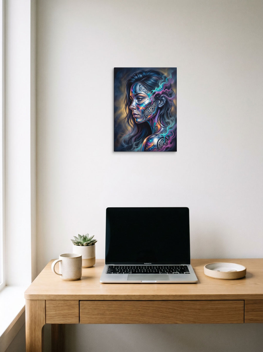 A 12x16 inch canvas Surrealism print of 'Cosmic Clockwork' hanging above a worktable with a laptop.