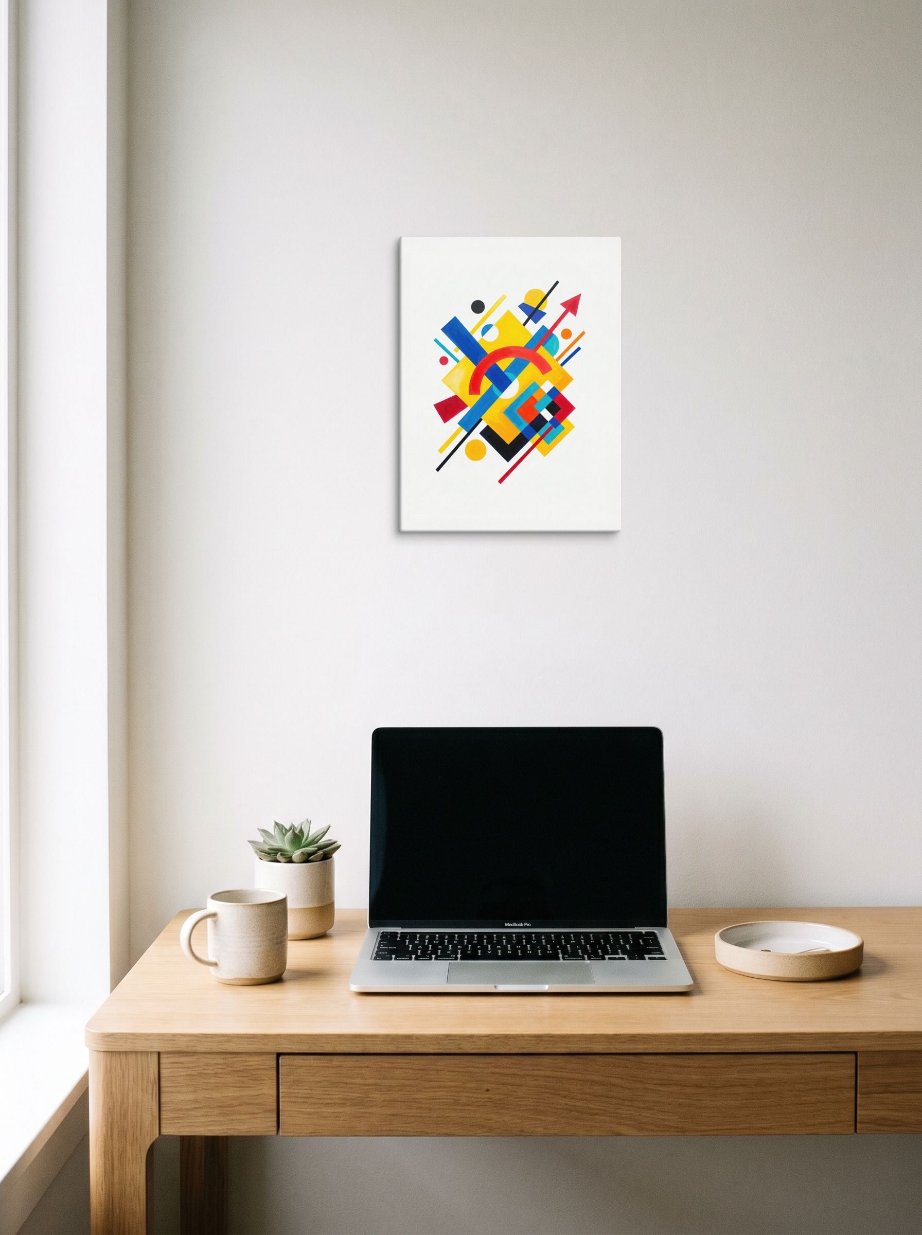 A 12x16 inch canvas Suprematism print of 'Directional Energy' hanging above a worktable with a laptop.