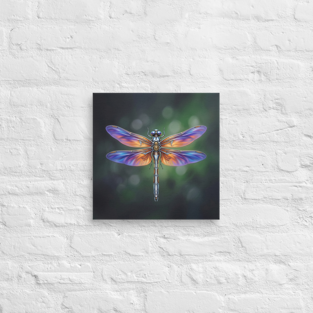 'Gears of the Dragonfly' — a Surrealism print. A highly detailed mechanical dragonfly with glowing purple and orange wings and brass gears on its back, set against a dark green background, perfect for a Living Room.