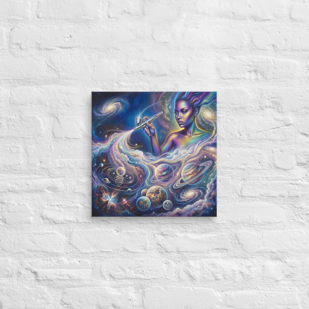 'The Cosmic Painter' — a Space art print. A glowing, ethereal woman painting planets and galaxies into a vibrant cosmic sky using an airbrush, a stunning focal point for a Bedroom.