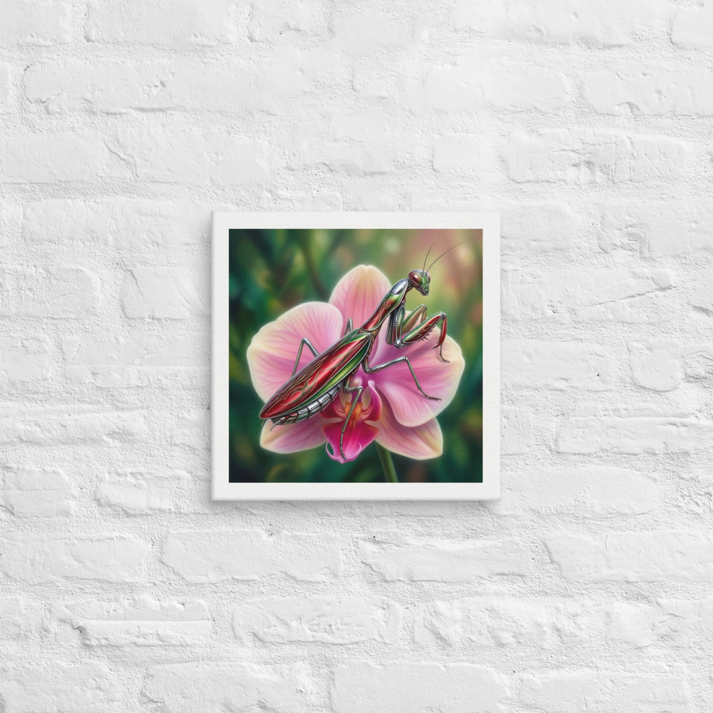 'Chrome Mantis' — a Surrealism print. A vibrant illustration of a metallic praying mantis painted like a hot rod in cherry red and chrome sitting on a pink orchid, perfect for a studio.