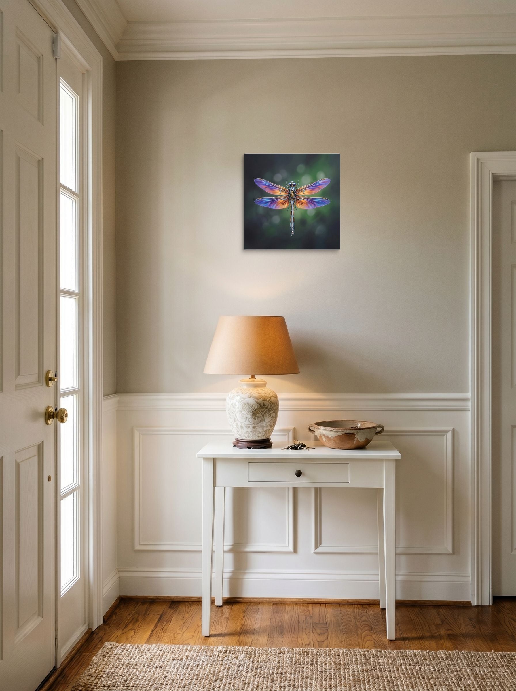A 14x14 inch canvas Surrealism print of 'Gears of the Dragonfly' hanging in an entryway near a console.