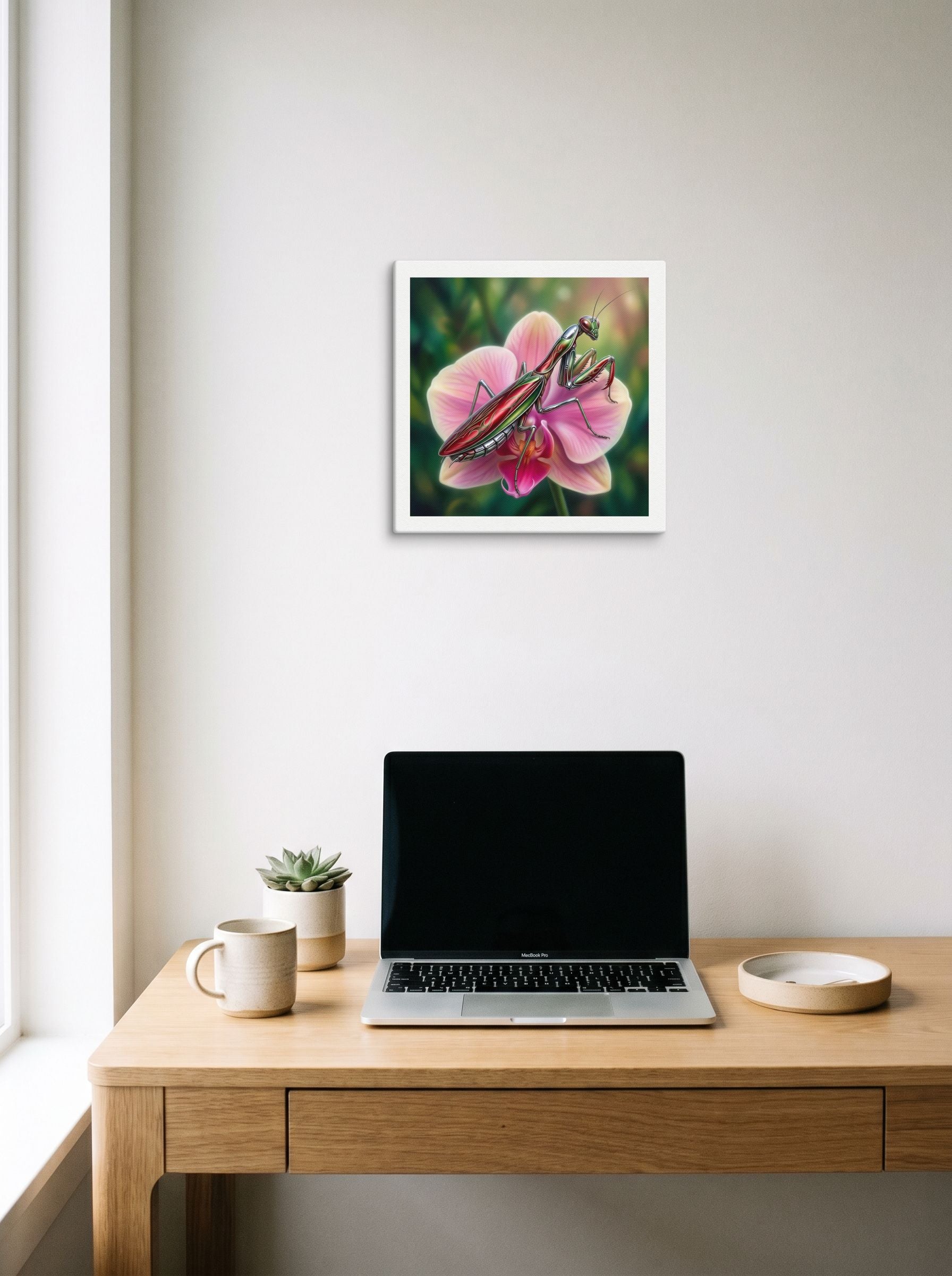 A 14x14 inch canvas Surrealism print of 'Chrome Mantis' hanging above a worktable with a laptop.