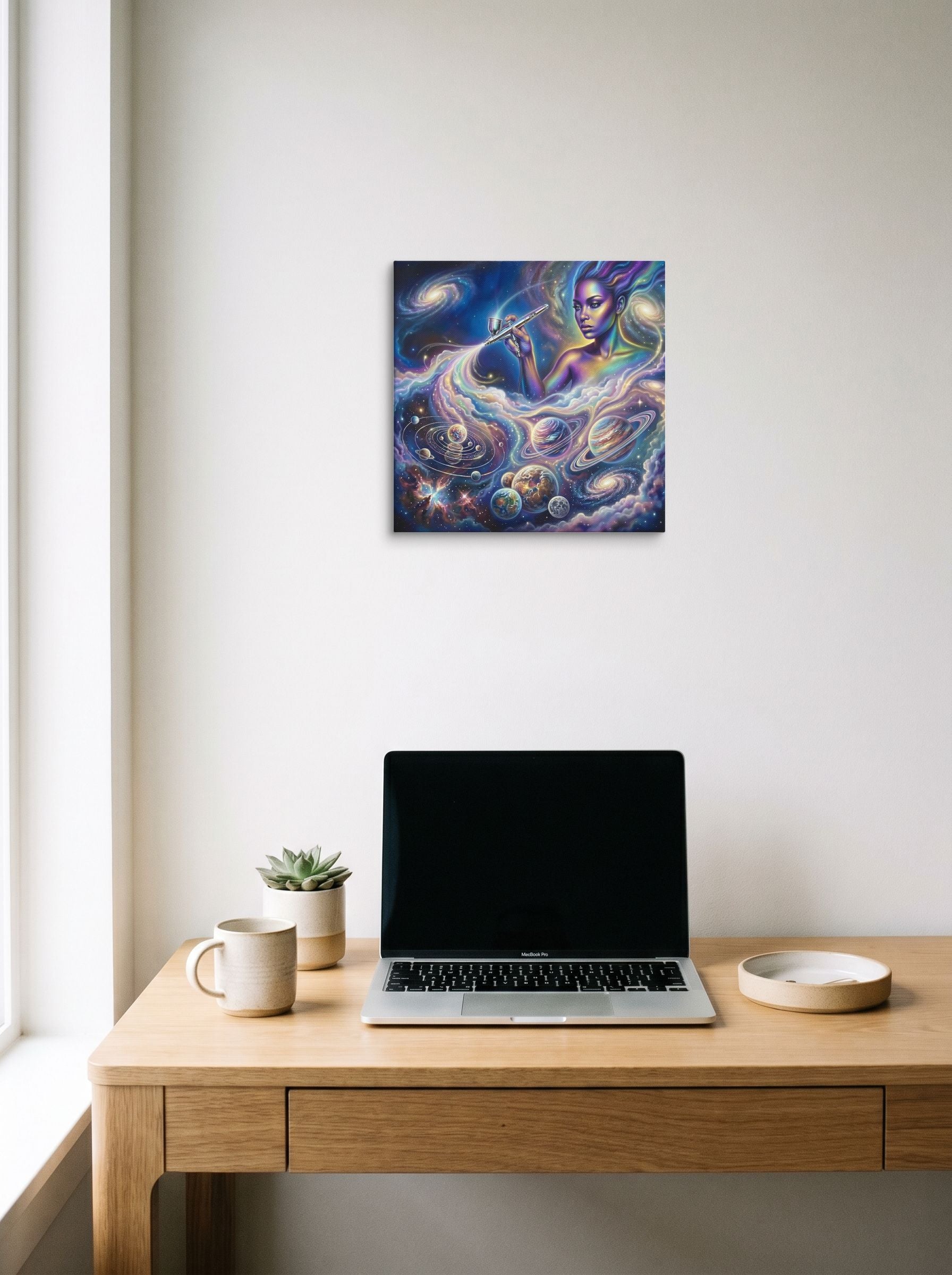 A 14x14 inch canvas Space art print of 'The Cosmic Painter' hanging above a worktable with a laptop.