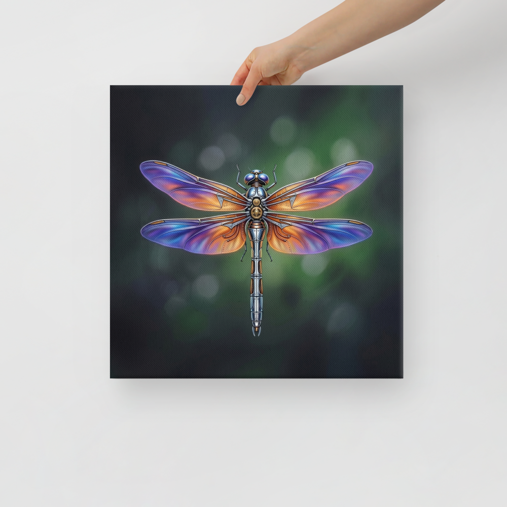 'Gears of the Dragonfly' — a Surrealism print. A highly detailed mechanical dragonfly with glowing purple and orange wings and brass gears on its back, set against a dark green background, perfect for a Living Room.