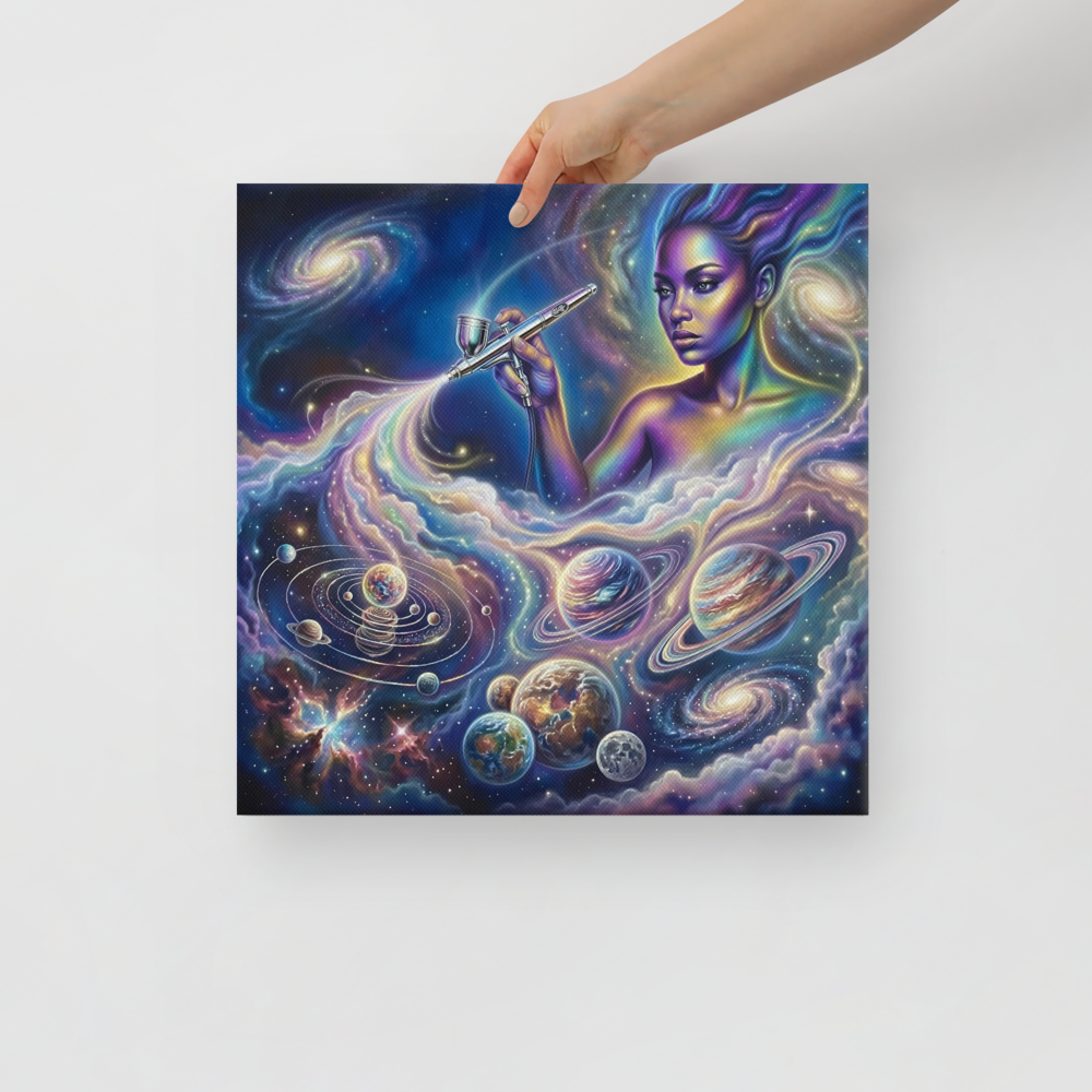 'The Cosmic Painter' — a Space art print. A glowing, ethereal woman painting planets and galaxies into a vibrant cosmic sky using an airbrush, a stunning focal point for a Bedroom.