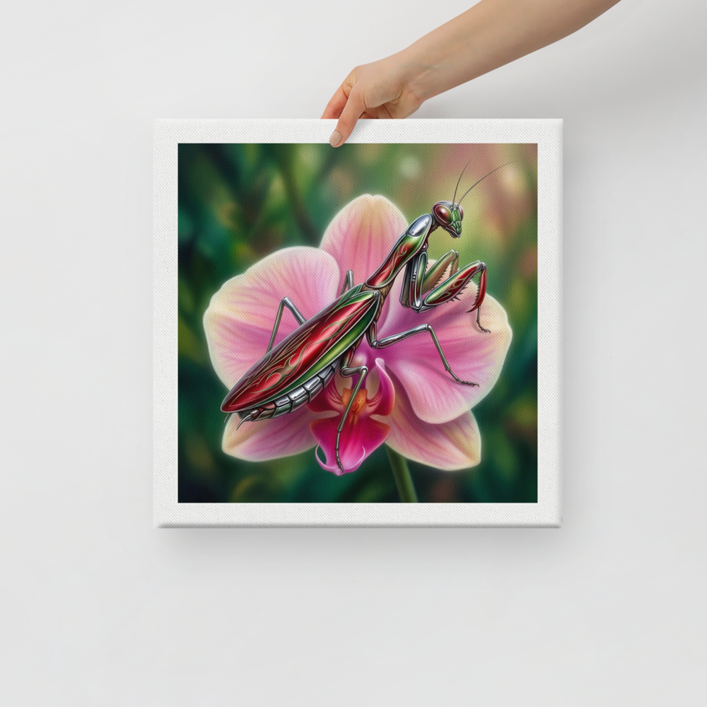 'Chrome Mantis' — a Surrealism print. A vibrant illustration of a metallic praying mantis painted like a hot rod in cherry red and chrome sitting on a pink orchid, perfect for a studio.