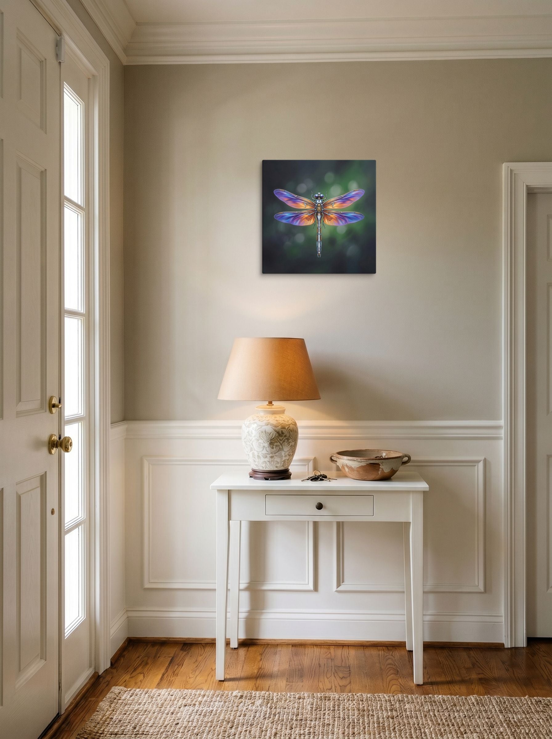 A 16x16 inch canvas Surrealism print of 'Gears of the Dragonfly' hanging in an entryway near a console.