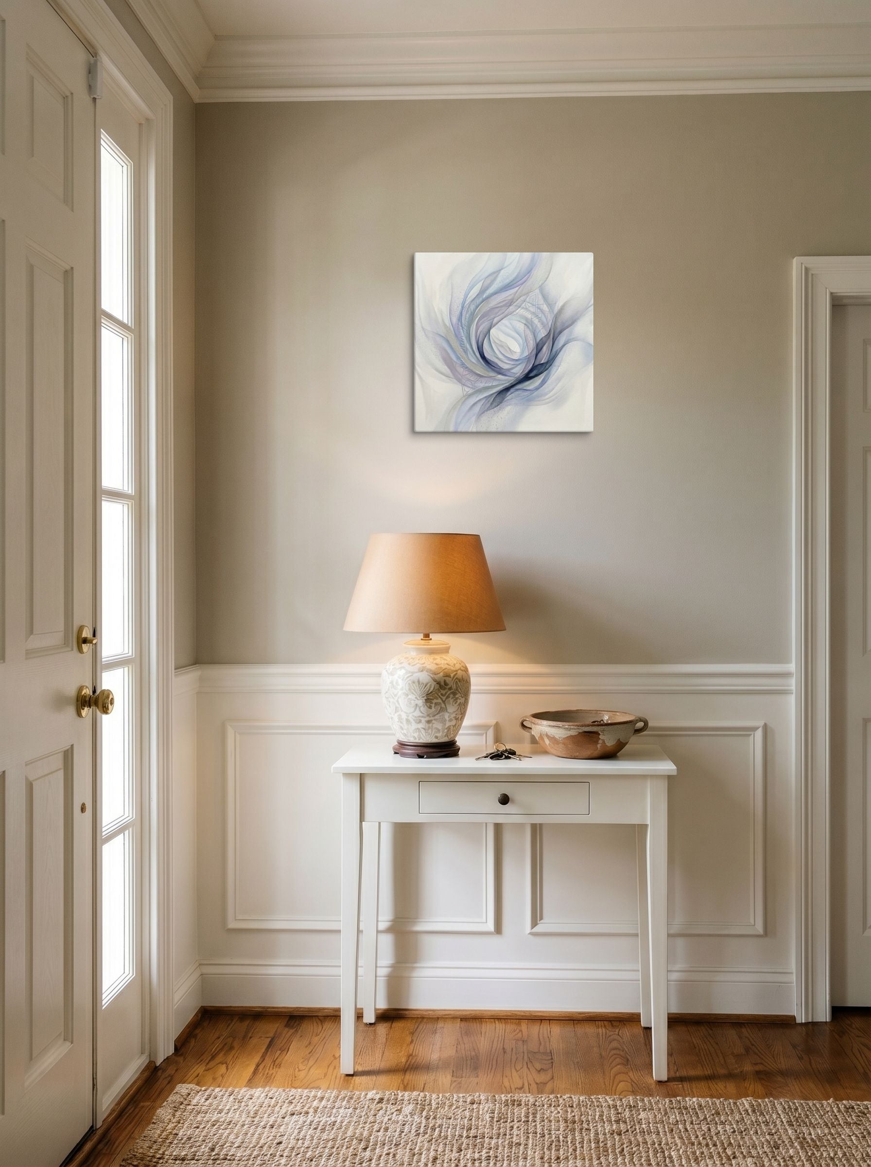 A 16x16 inch canvas Abstract art print of 'Ethereal Whispers in the Vortex' hanging in an entryway near a console.