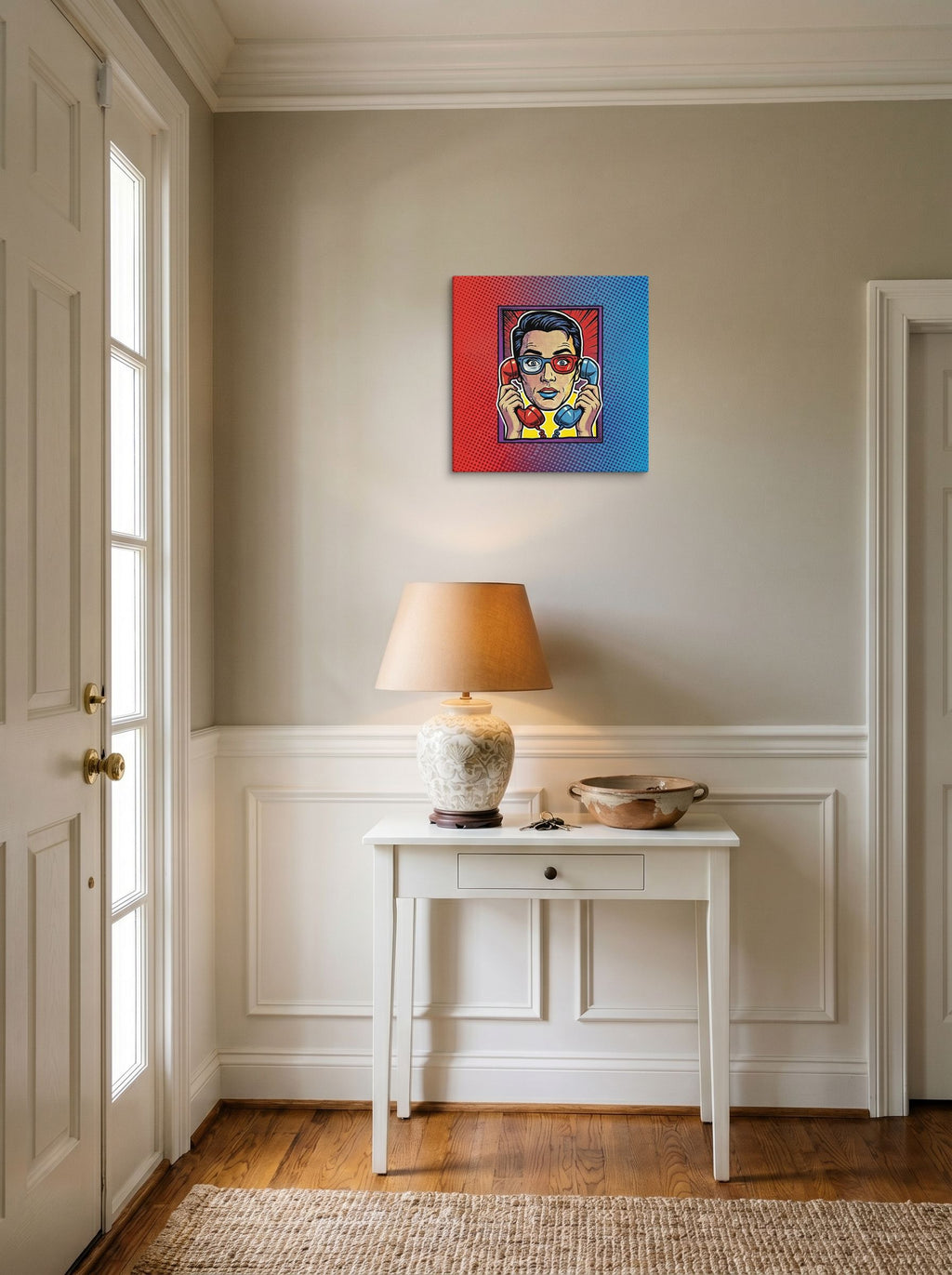 A 16x16 inch canvas Pop art print of 'Bipartisan Static' hanging in an entryway near a console.