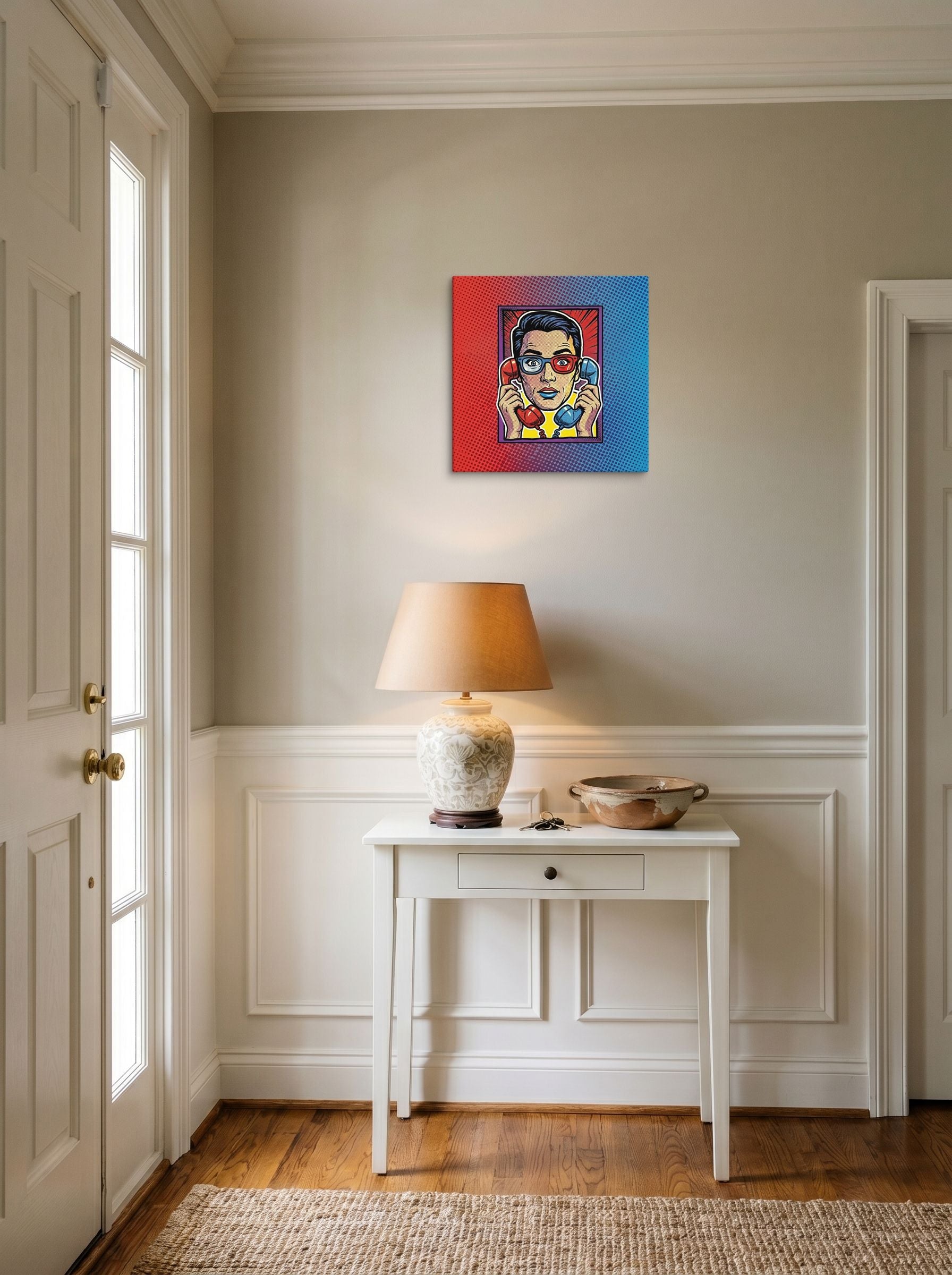 A 16x16 inch canvas Pop art print of 'Bipartisan Static' hanging in an entryway near a console.