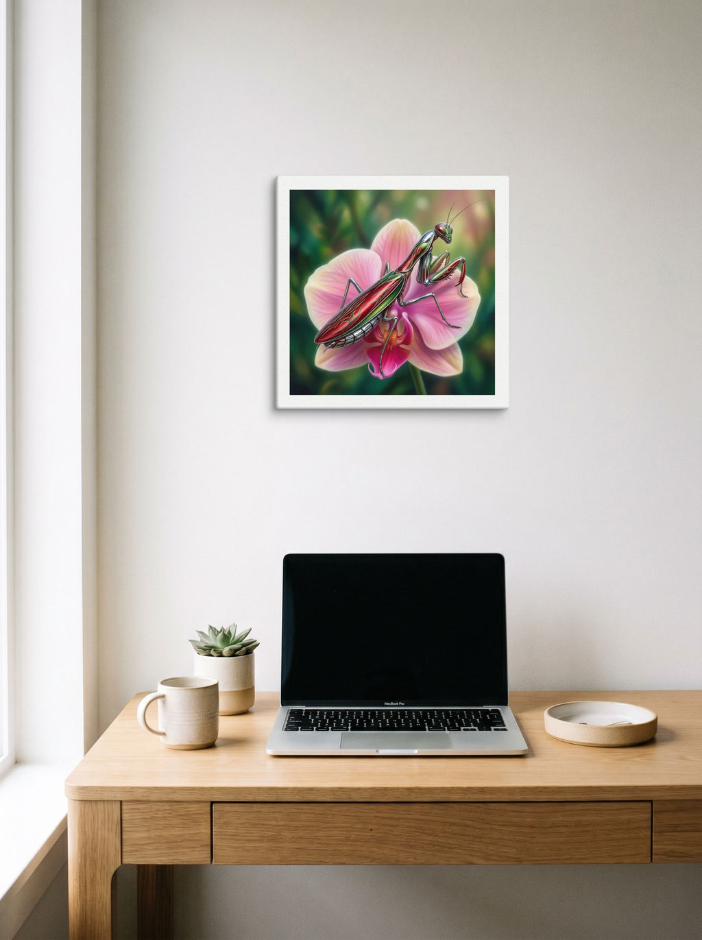 A 16x16 inch canvas Surrealism print of 'Chrome Mantis' hanging above a worktable with a laptop.