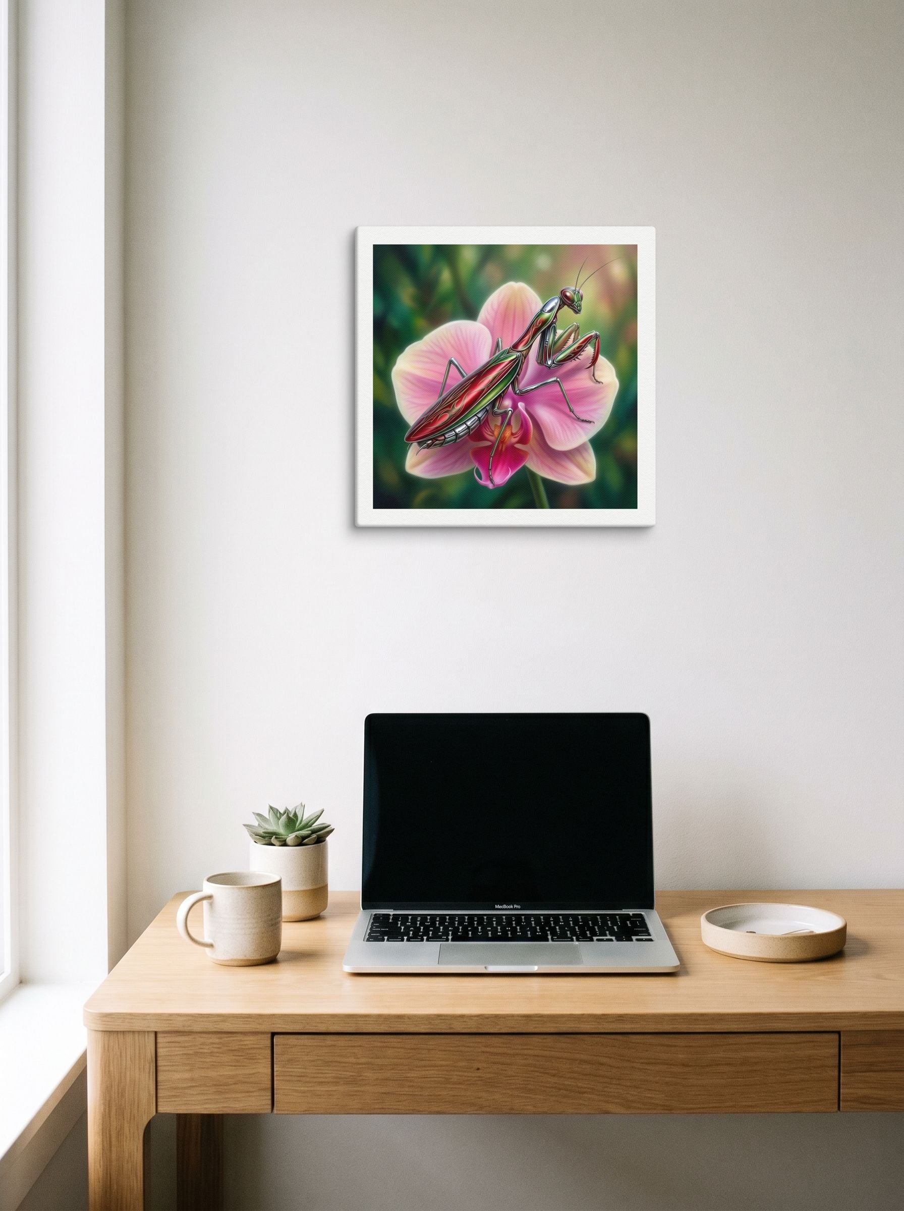 A 16x16 inch canvas Surrealism print of 'Chrome Mantis' hanging above a worktable with a laptop.