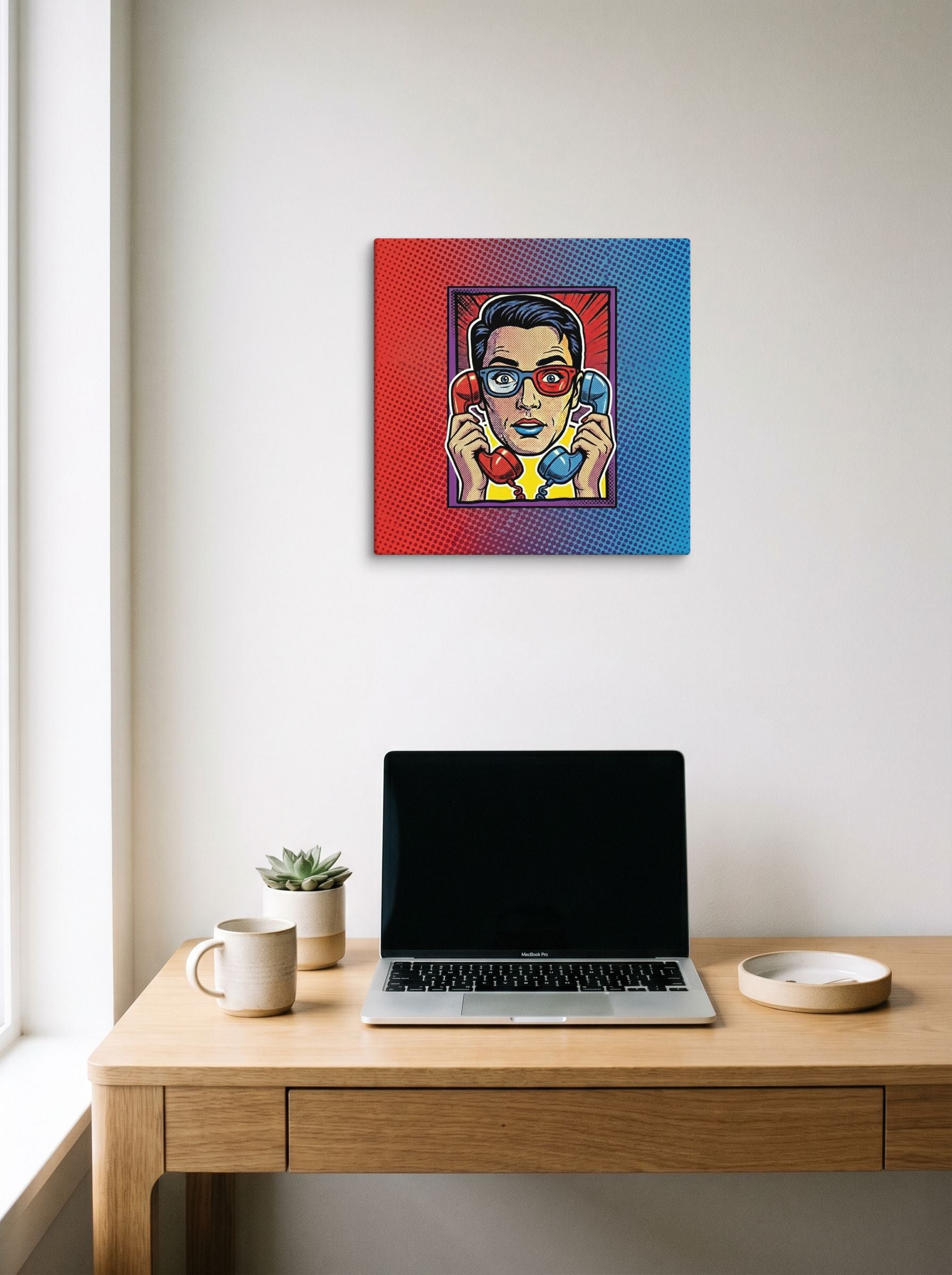 A 16x16 inch canvas Pop art print of 'Bipartisan Static' hanging above a worktable with a laptop.