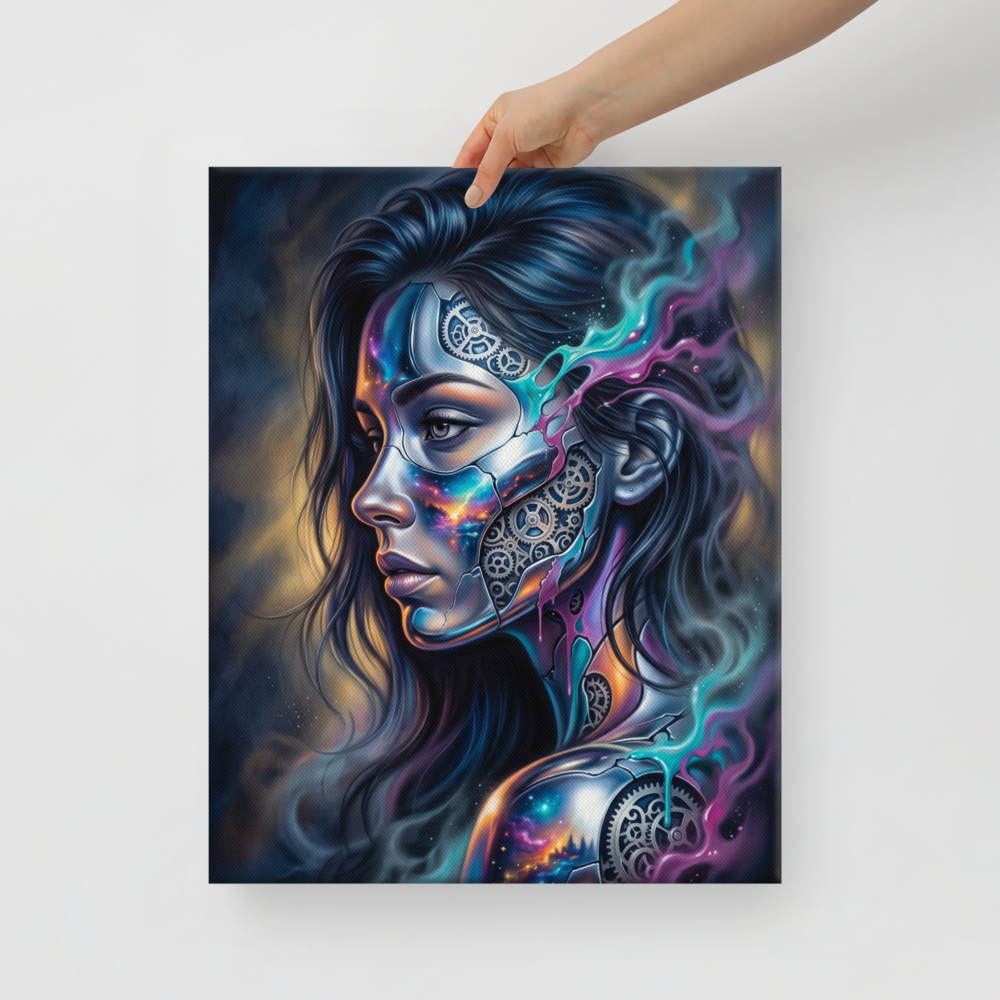 'Cosmic Clockwork' — a Surrealism print. A surreal cyberpunk portrait of a woman with gears and galaxies inside her face for a game room, framed by glowing teal and pink smoke.