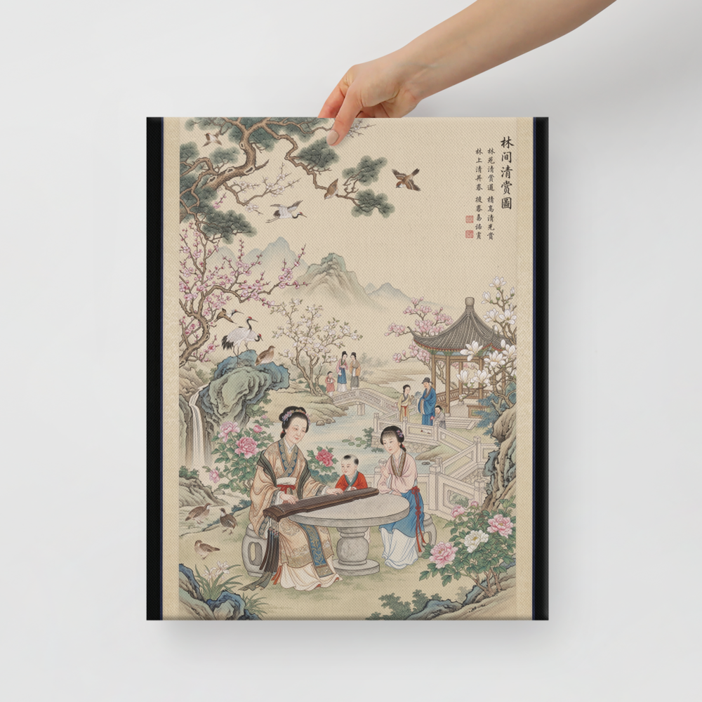 'Melody in the Spring Garden' — a Fine Art print. Perfect for a living room, this traditional Chinese Gongbi style painting features a woman playing a guqin in a lush garden with blossoming flowers, pine trees, cranes, a pavilion, and distant misty mountains.