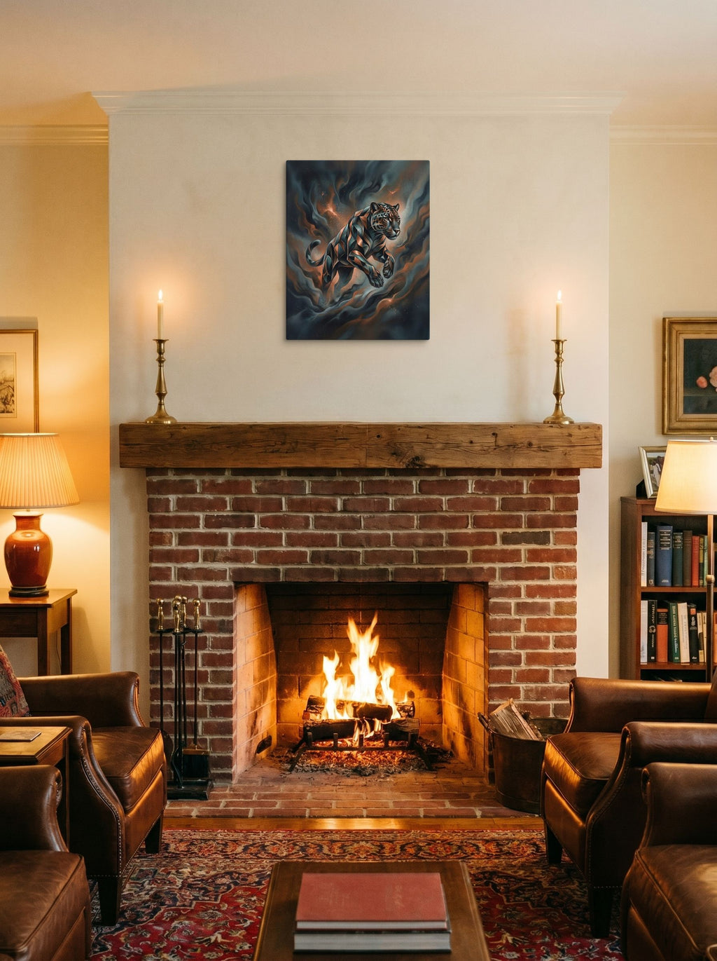 A 16x20 inch canvas Digital art print of 'Phantom Leap' displayed above a fireplace.