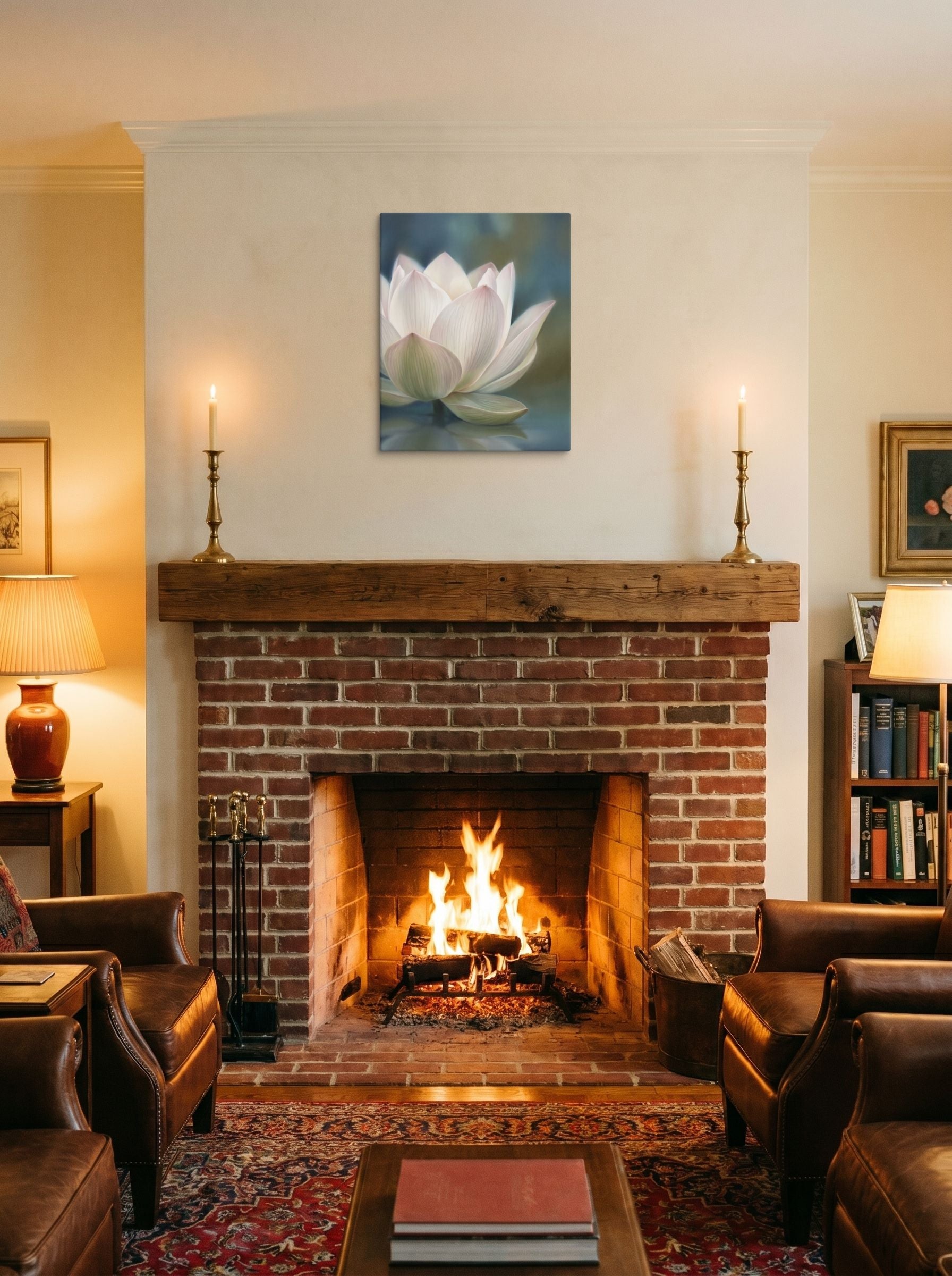 A 16x20 inch canvas Realism print of 'Serene Lotus Reflection' displayed above a fireplace.