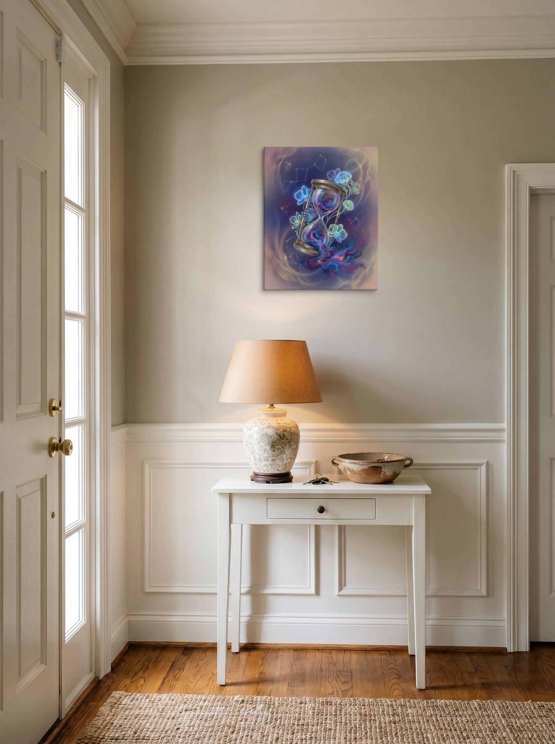 A 16x20 inch canvas Magic realism print of 'Sands of the Nebula' hanging in an entryway near a console.
