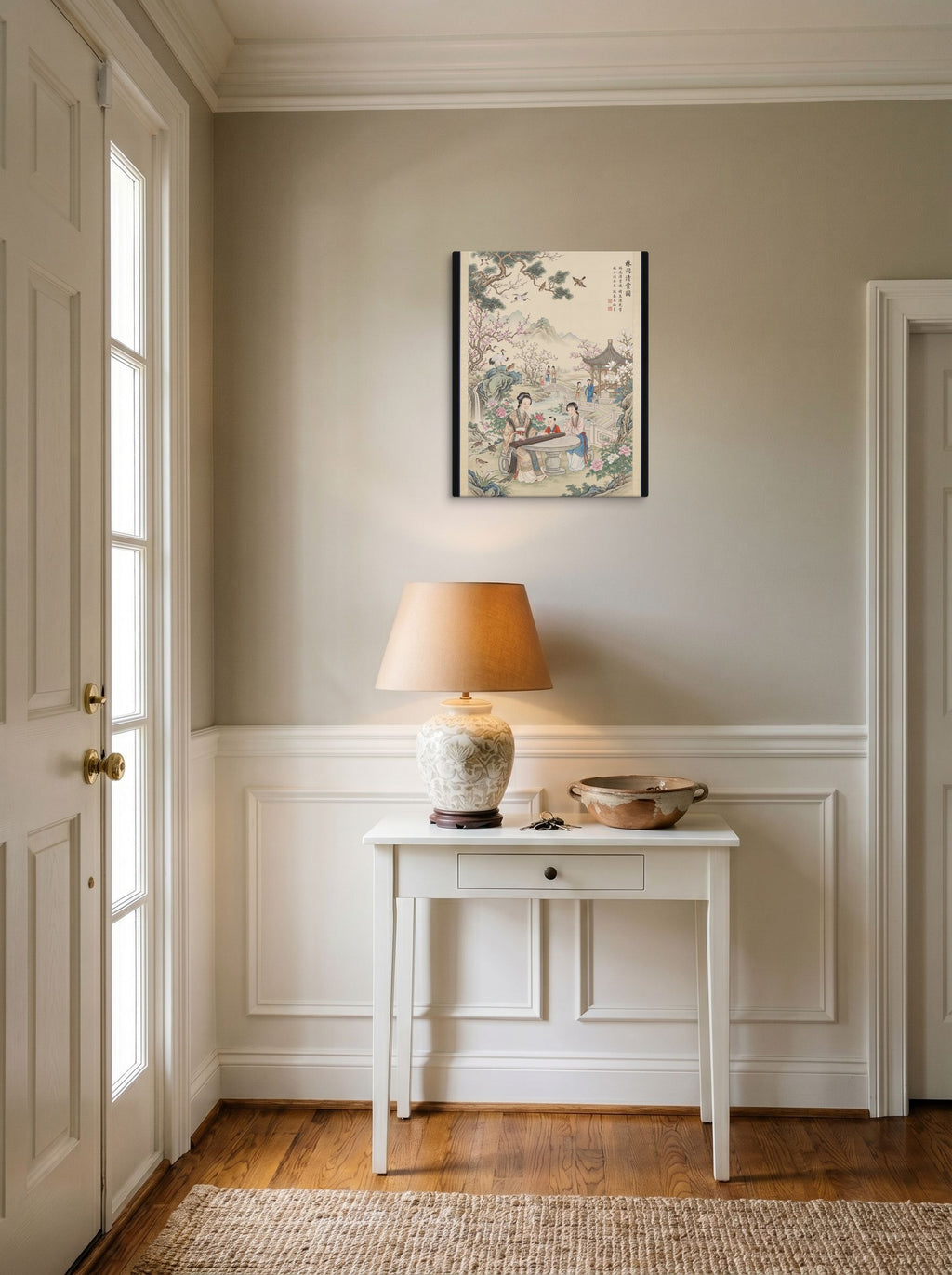 A 16x20 inch canvas Fine Art print of 'Melody in the Spring Garden' hanging in an entryway near a console.