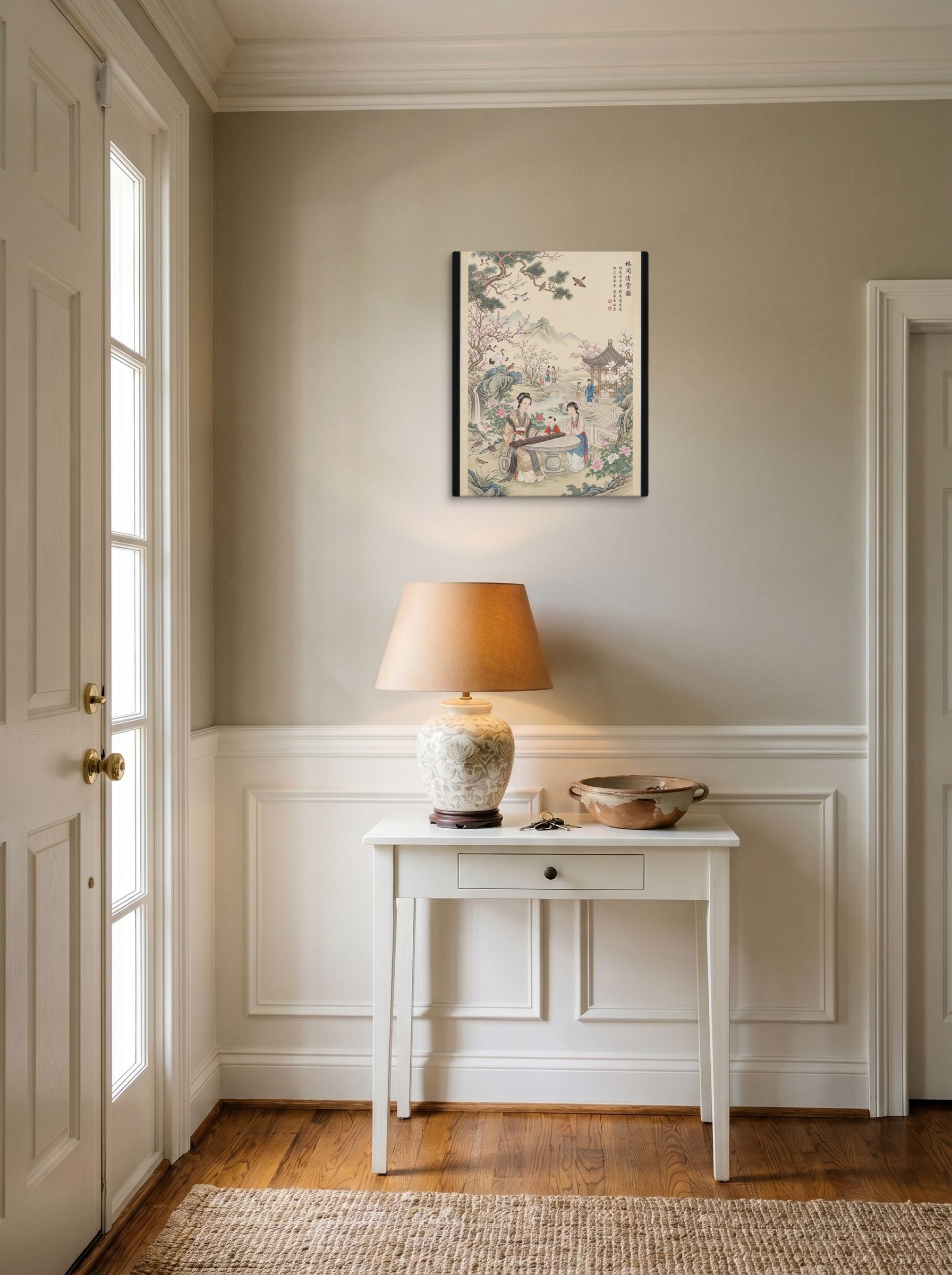 A 16x20 inch canvas Fine Art print of 'Melody in the Spring Garden' hanging in an entryway near a console.