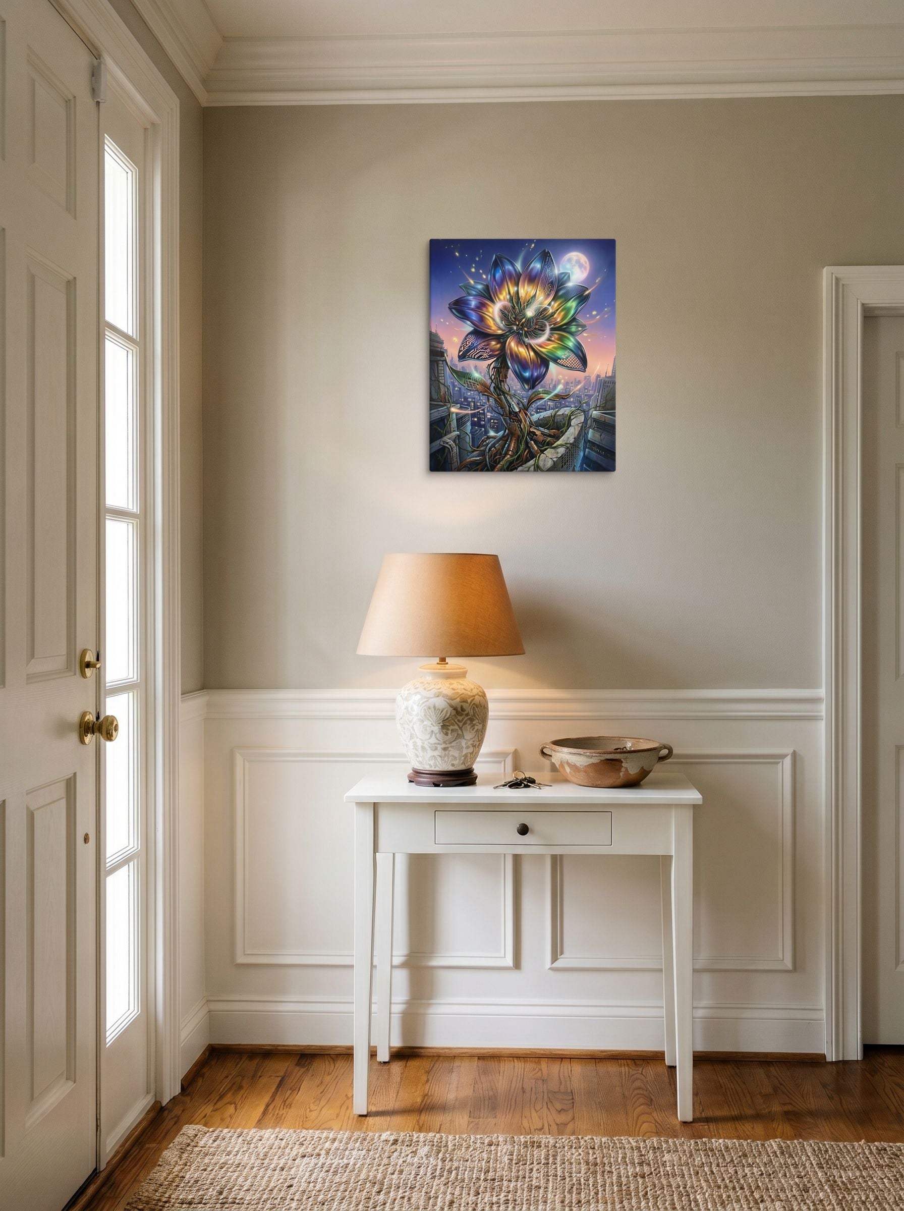 A 16x20 inch canvas Digital art print of 'Cybernetic Bloom' hanging in an entryway near a console.