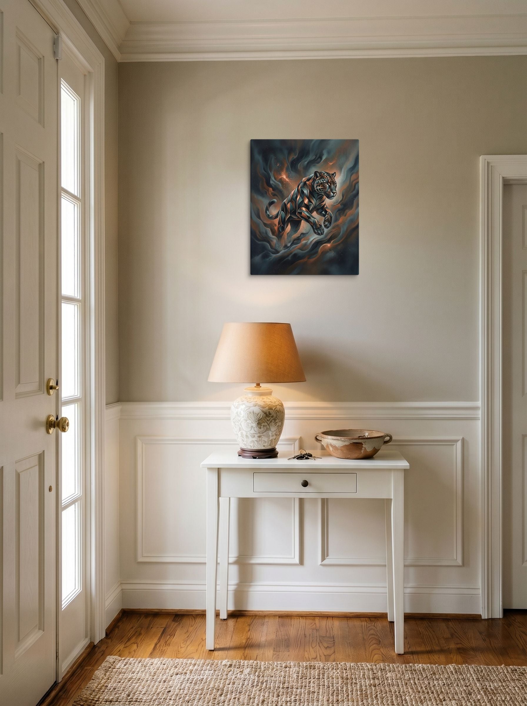 A 16x20 inch canvas Digital art print of 'Phantom Leap' hanging in an entryway near a console.