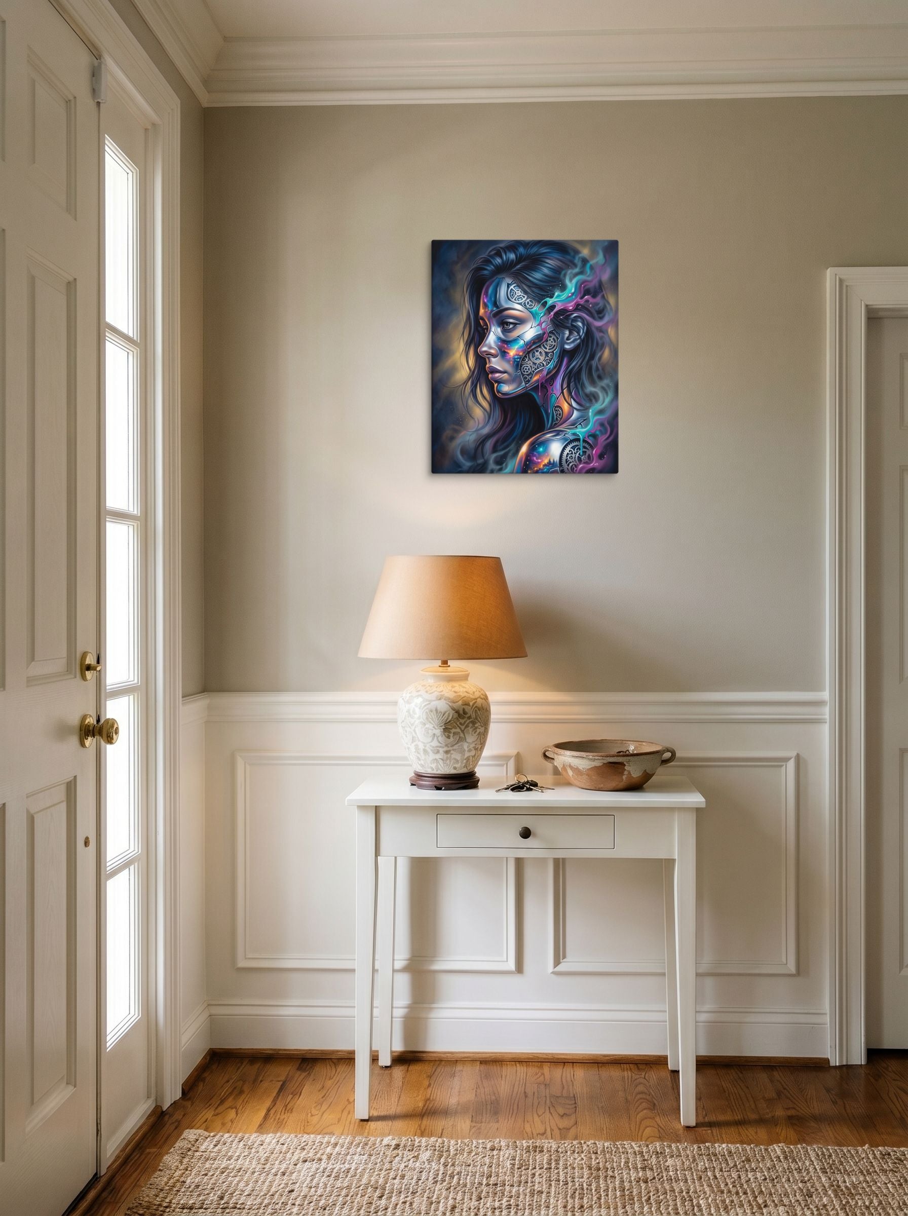 A 16x20 inch canvas Surrealism print of 'Cosmic Clockwork' hanging in an entryway near a console.