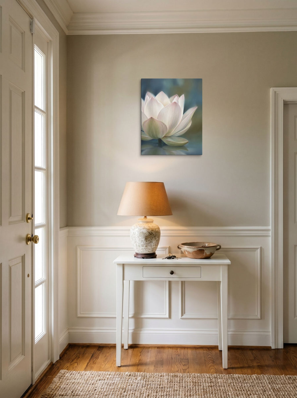 A 16x20 inch canvas Realism print of 'Serene Lotus Reflection' hanging in an entryway near a console.