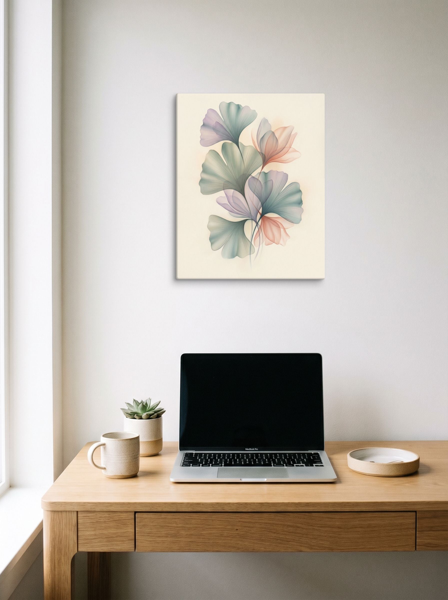 A 16x20 inch canvas Abstract art print of 'Ethereal Ginkgo Whispers' hanging above a worktable with a laptop.