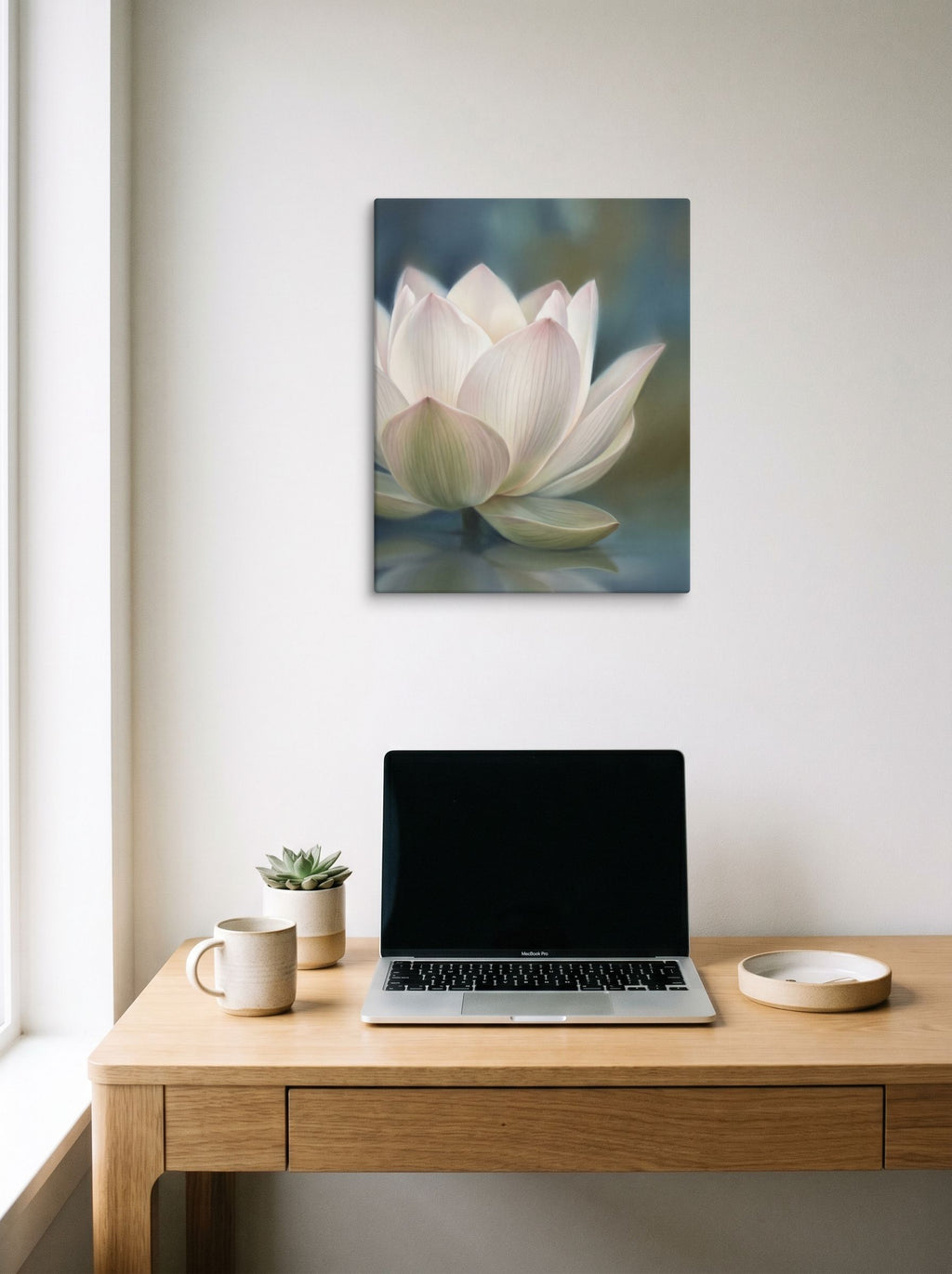 A 16x20 inch canvas Realism print of 'Serene Lotus Reflection' hanging above a worktable with a laptop.