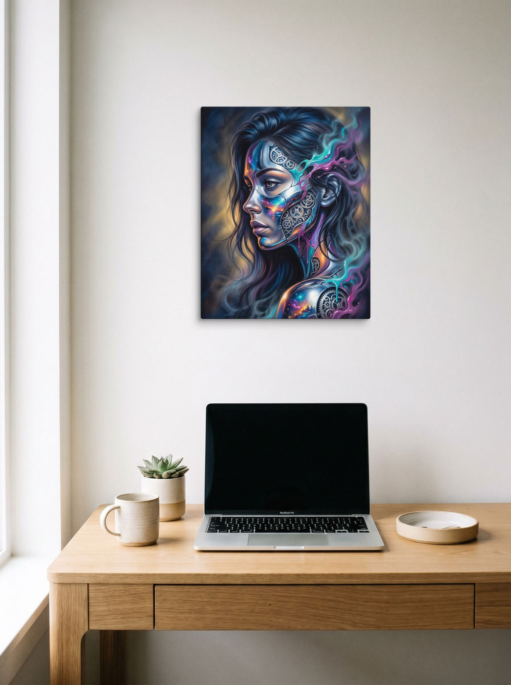 A 16x20 inch canvas Surrealism print of 'Cosmic Clockwork' hanging above a worktable with a laptop.