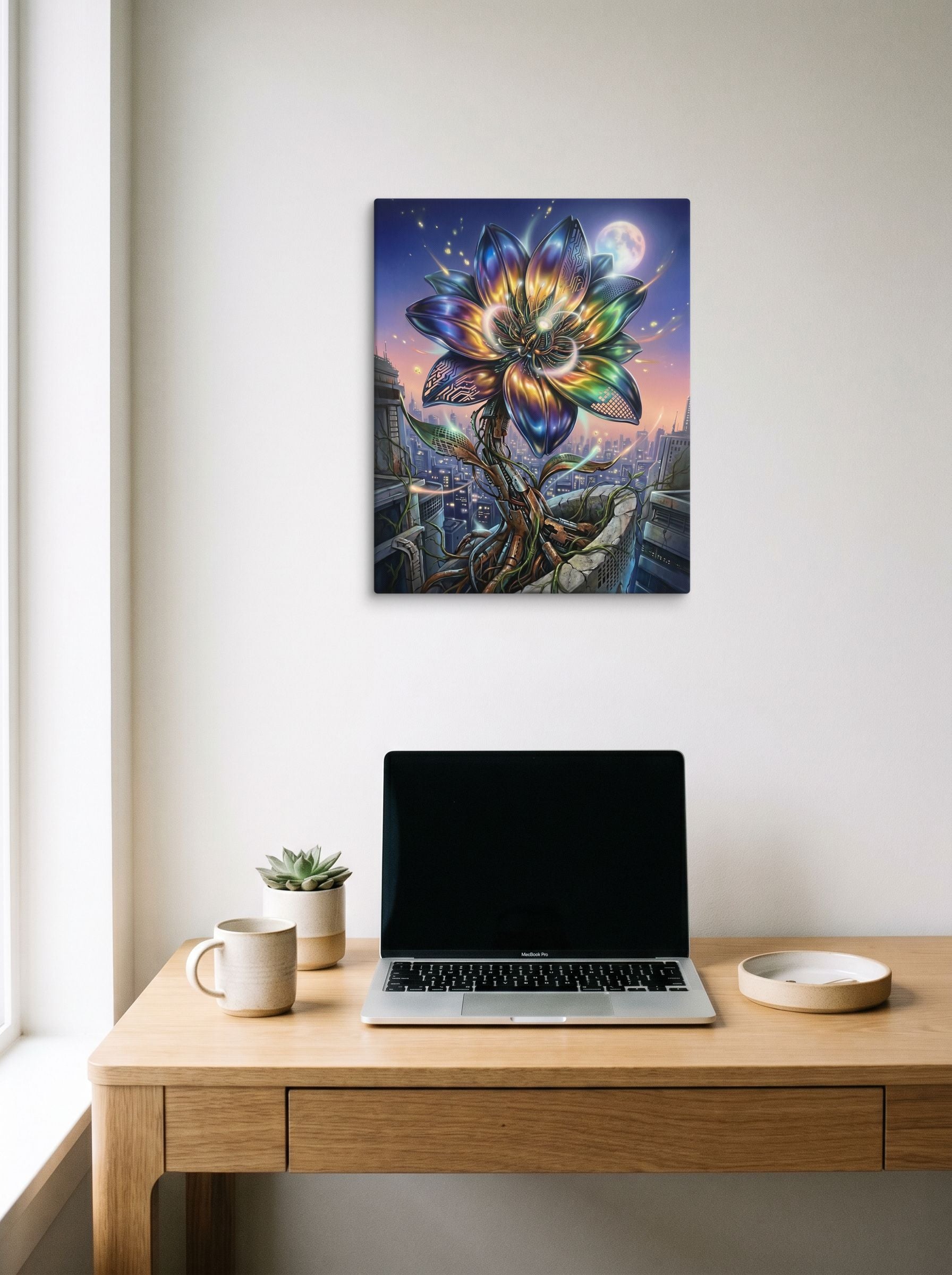 A 16x20 inch canvas Digital art print of 'Cybernetic Bloom' hanging above a worktable with a laptop.
