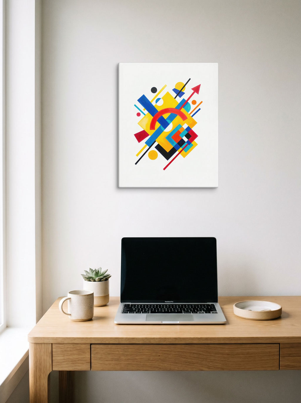 A 16x20 inch canvas Suprematism print of 'Directional Energy' hanging above a worktable with a laptop.