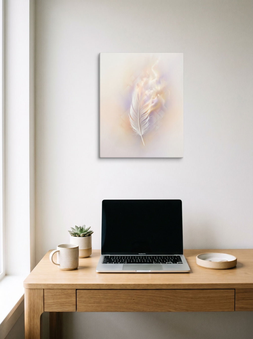 A 16x20 inch canvas Abstract art print of 'Ethereal Plume' hanging above a worktable with a laptop.